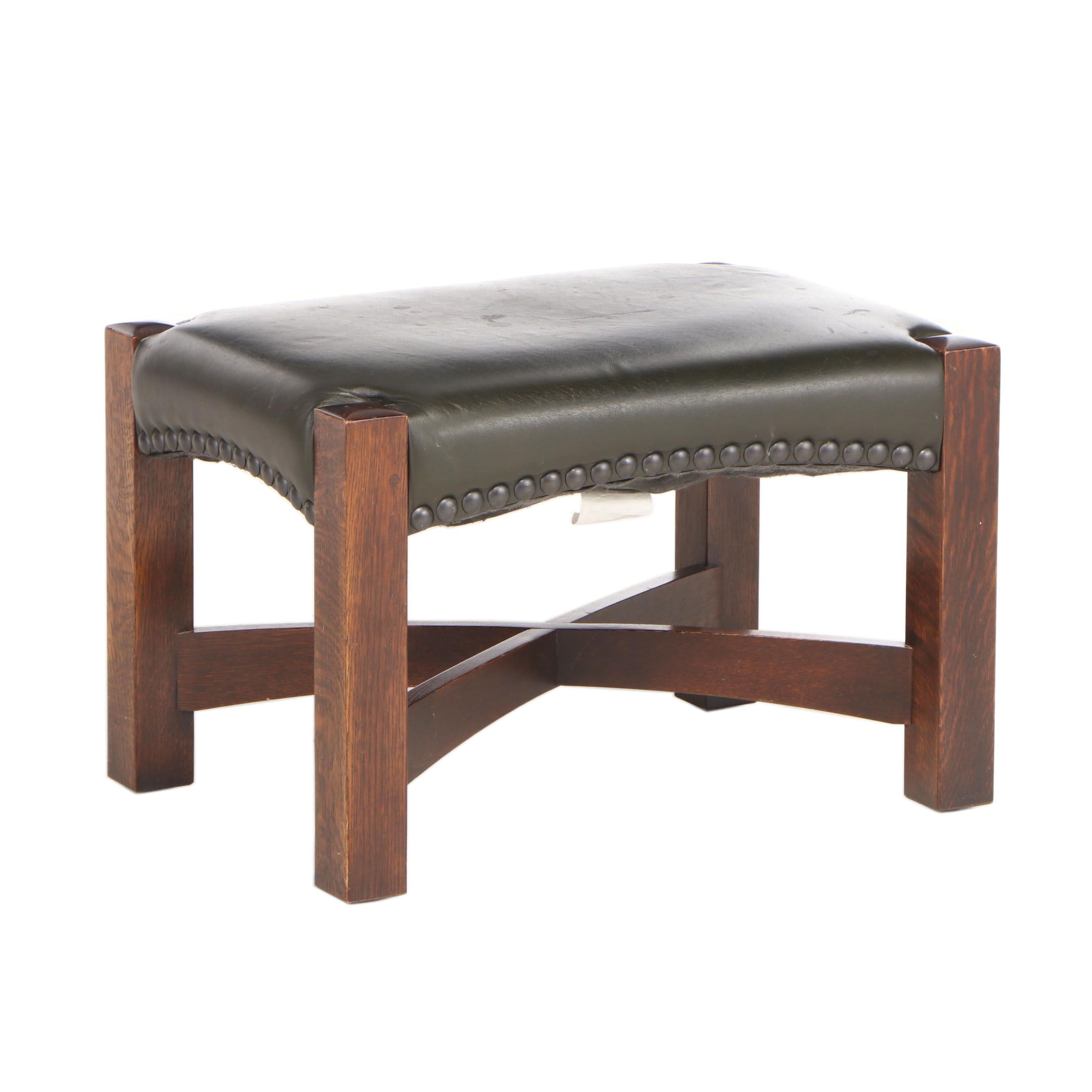 Stickley, Arts and Crafts Style Oak and Dark Green Leather "Eastwood" Footstool