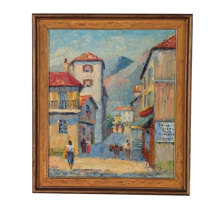 Frede Salling Oil Painting of Village Street Scene, 20th Century