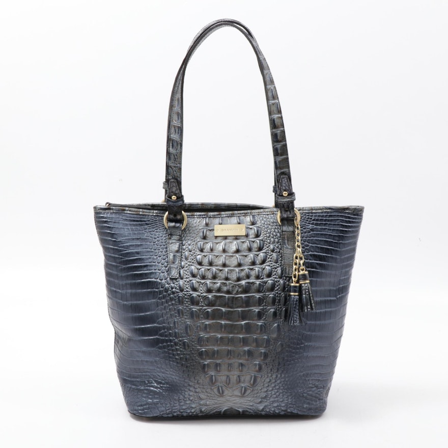Brahmin Hornback Croc Embossed Leather Tote Bag with Tassels in Blue and Pewter