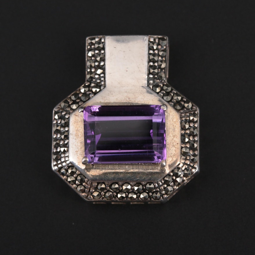 Sterling Silver Amethyst and Marcasite Pendant