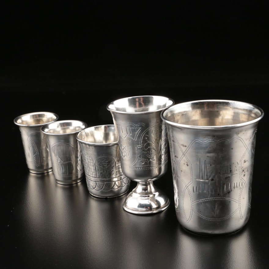 Russian 875 Silver Engraved Kiddish Cups, Late 19th/Early 20th Century