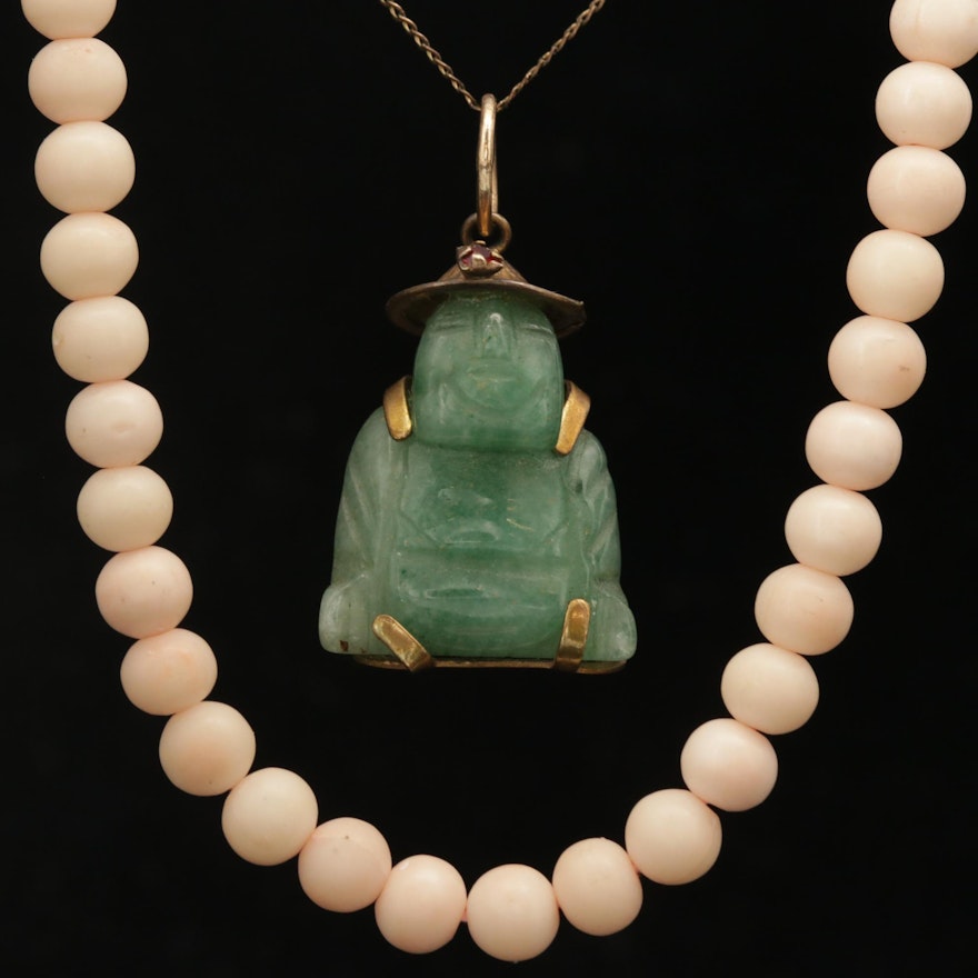 Aventurine and Glass Pendant Necklace With Beaded Coral Necklace
