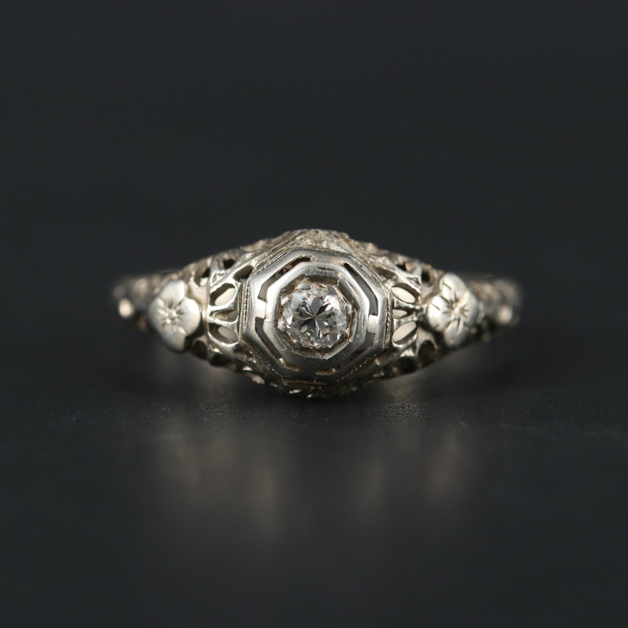 Edwardian 18K White Gold Diamond Openwork Solitaire Ring