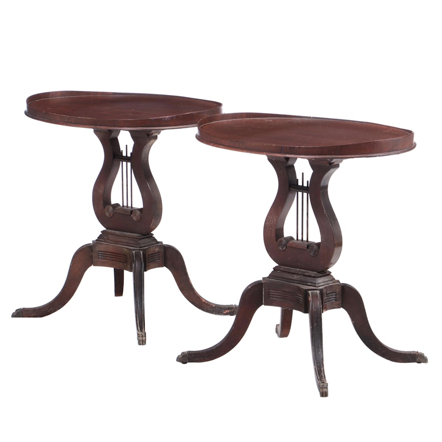 Duncan Phyfe Style Mahogany Lyre Pedestal Side Tables, Mid-20th Century