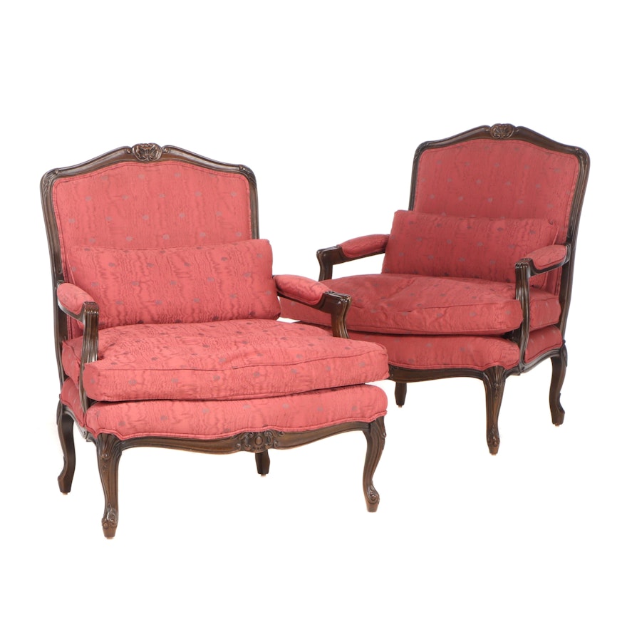 Louis XV Style Walnut Upholstered Arm Chairs, Late 20th Century