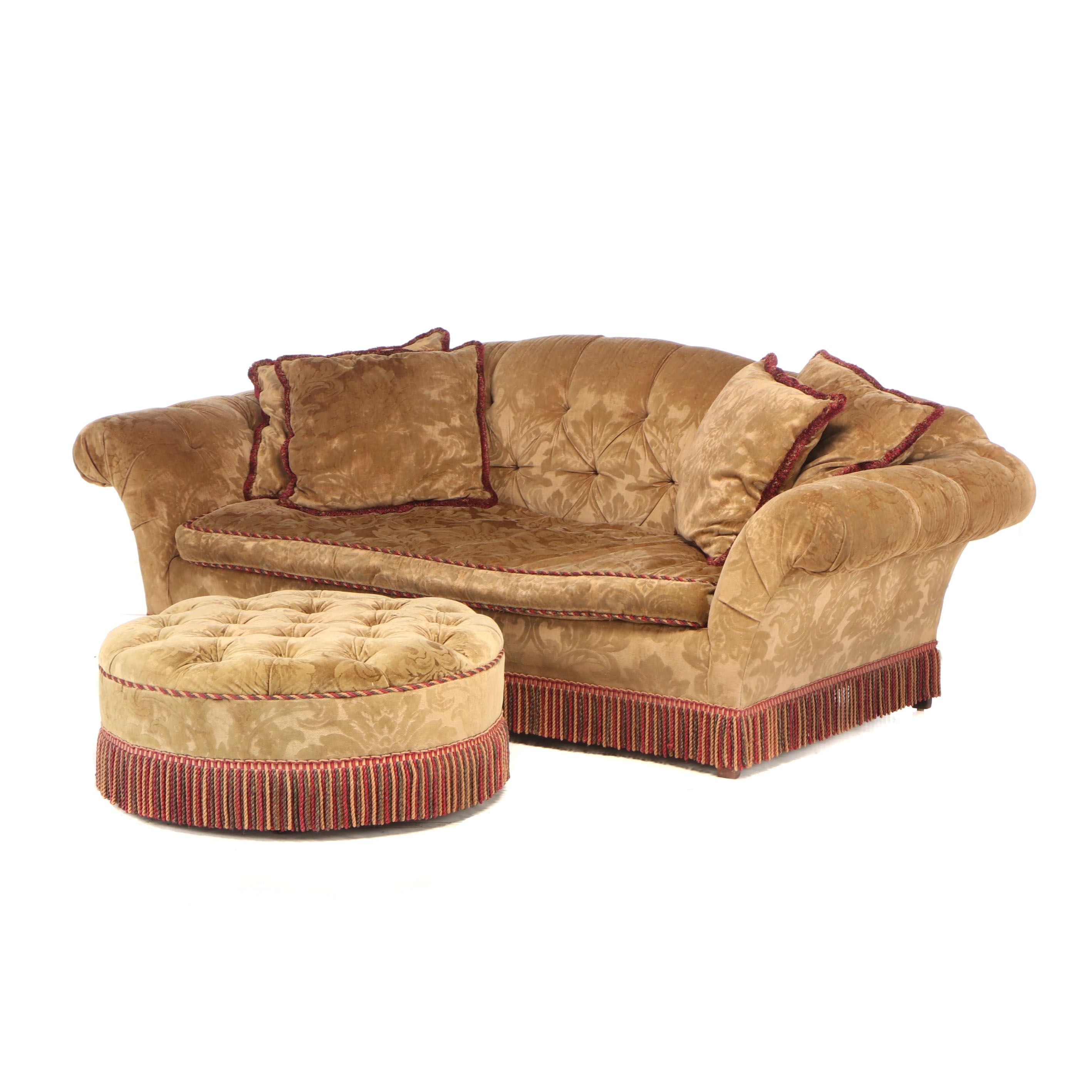Velvet Damask Upholstered Sofa and Ottoman