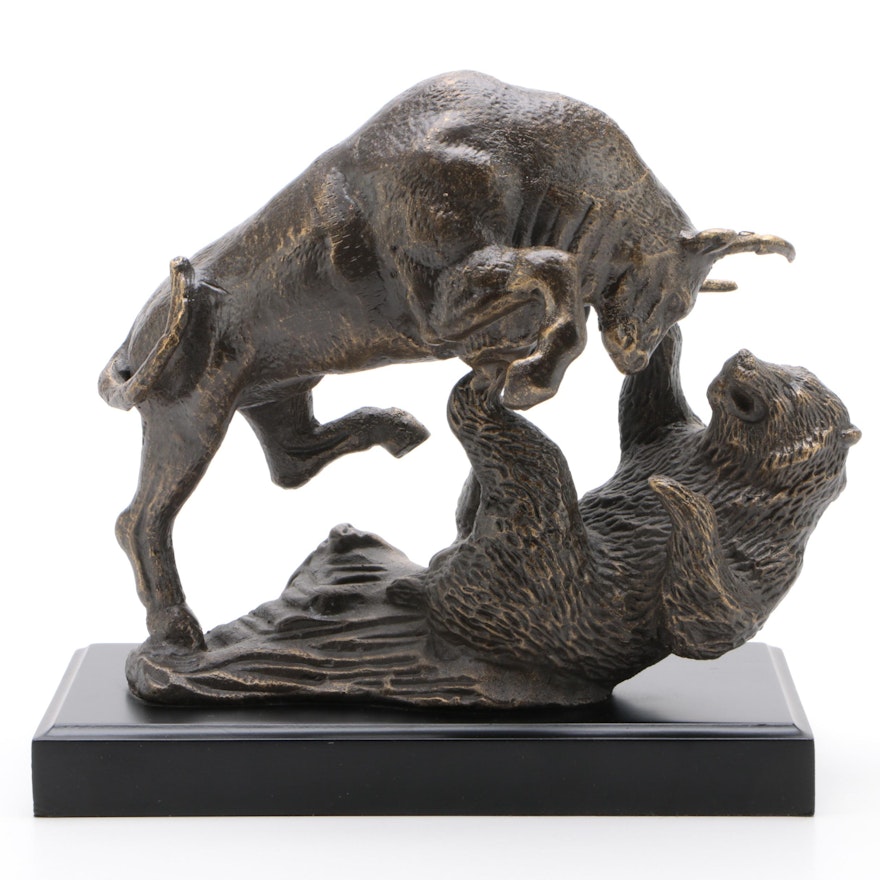 Bull & Bear Fighting "Wall Street" Bronze Cast Sculpture, Late 20th Century