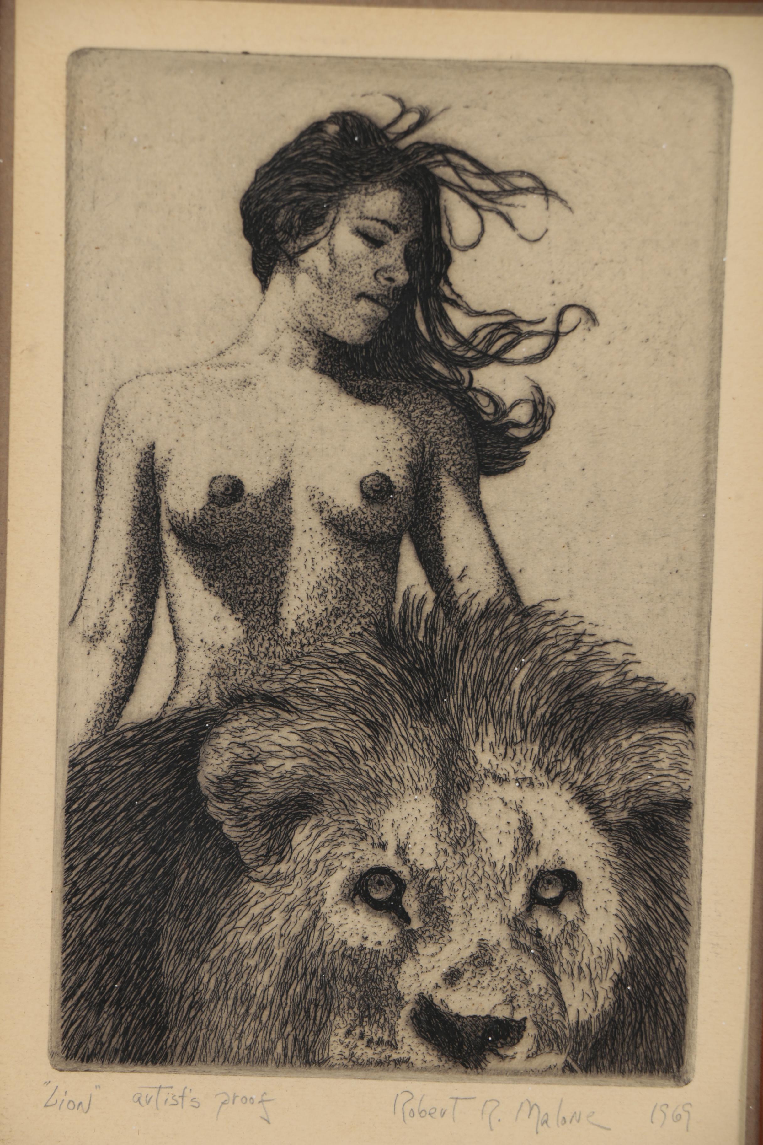 Robert R. Malone Etchings of Female Nudes Posed with Animals