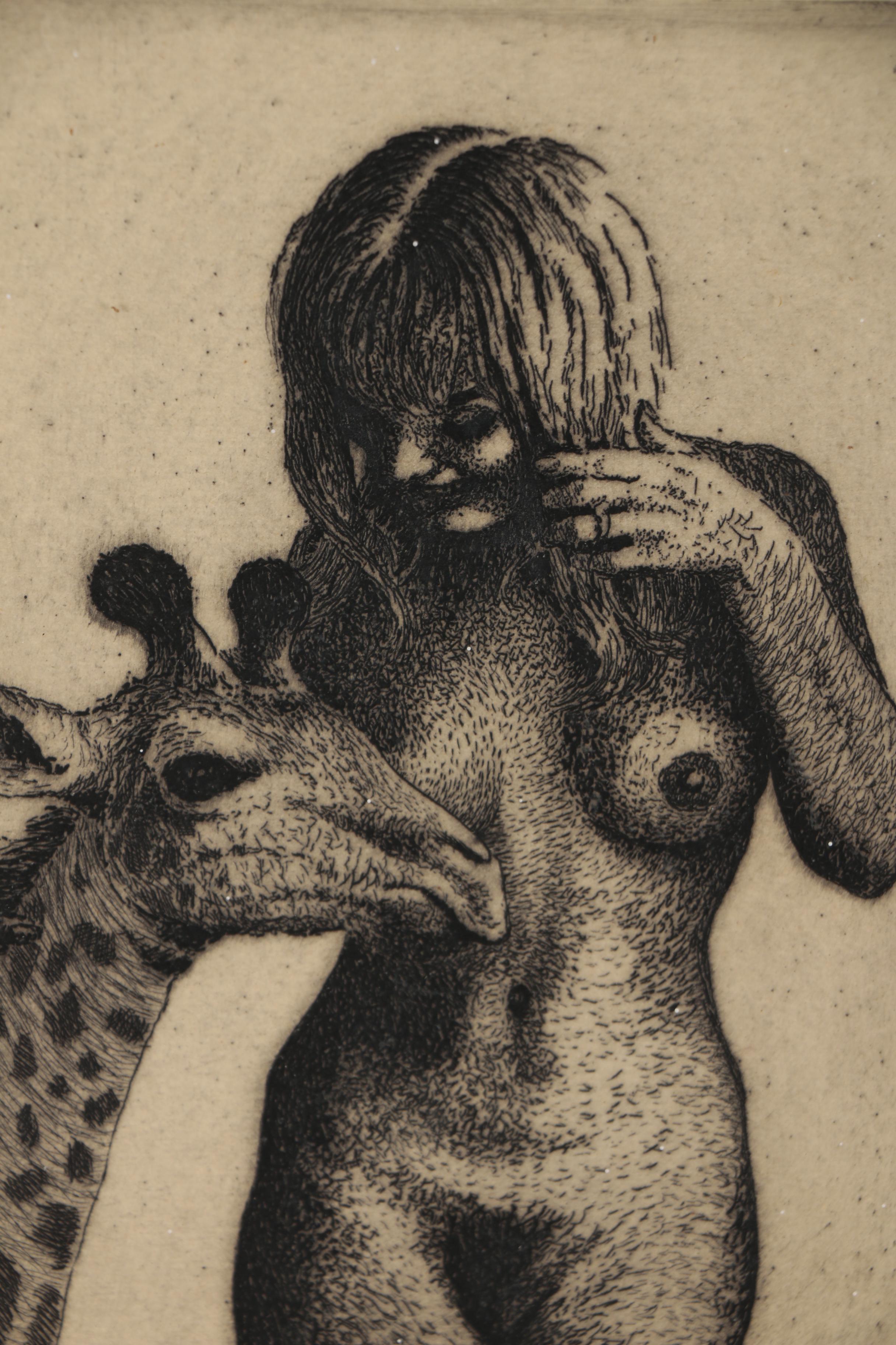 Robert R. Malone Etchings of Female Nudes Posed with Animals