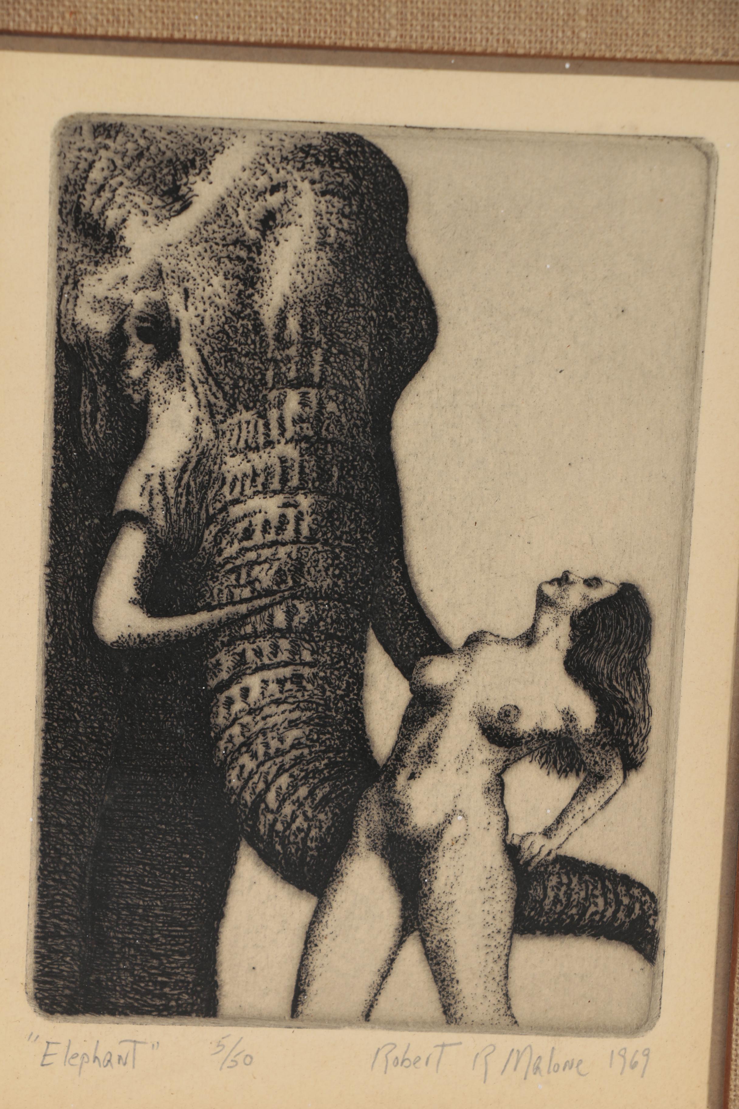 Robert R. Malone Etchings of Female Nudes Posed with Animals