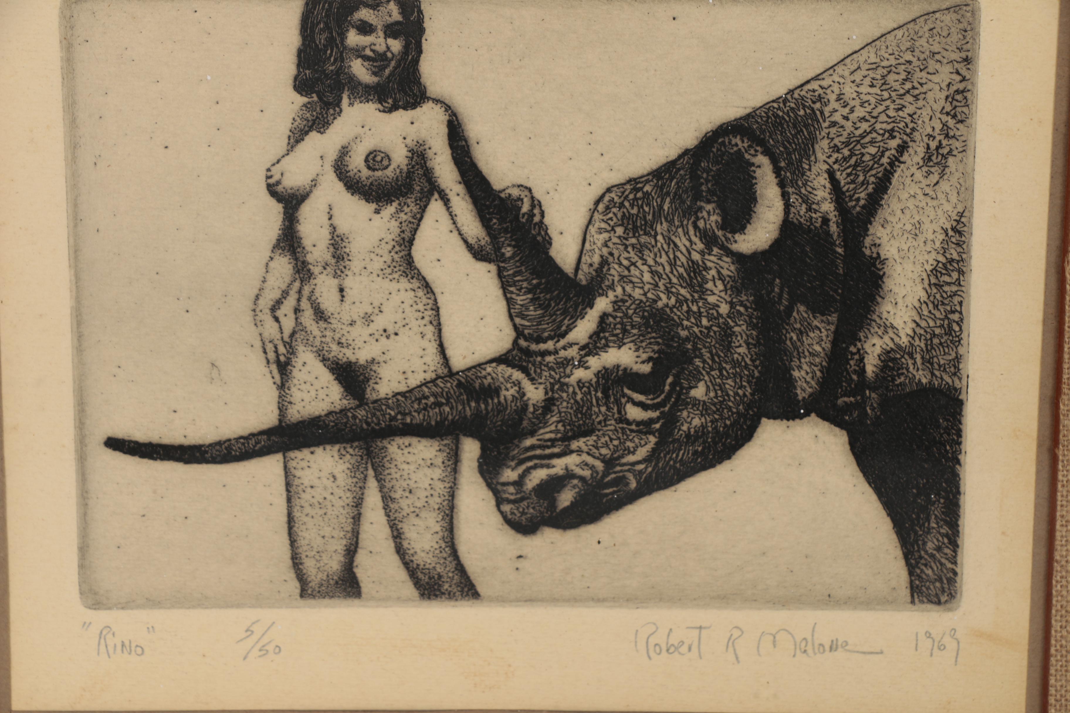 Robert R. Malone Etchings of Female Nudes Posed with Animals