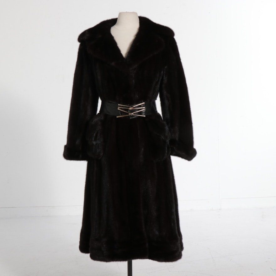 Mink Fur Belted Coat by Green Bay Furriers with Embroidered Lining, Vintage