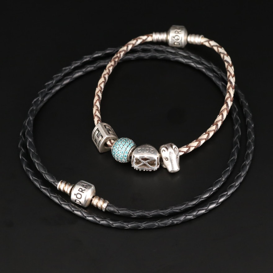 Pandora Sterling Silver Woven Leather Charm Bracelets