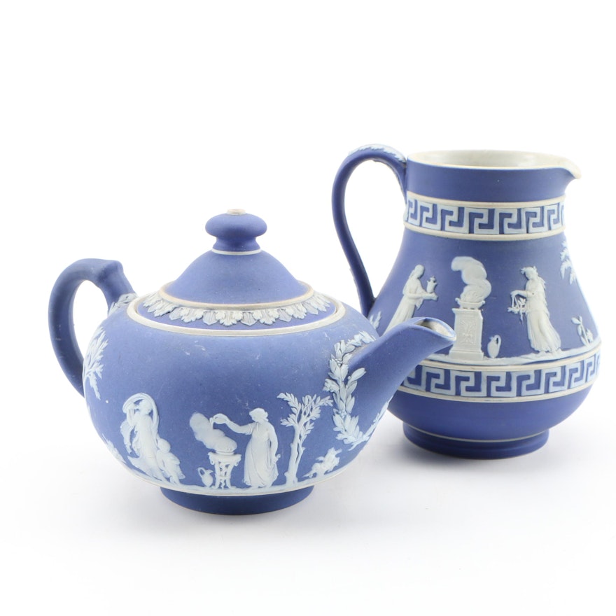 Wedgwood Blue Jasperware Teapot and Creamer, Vintage