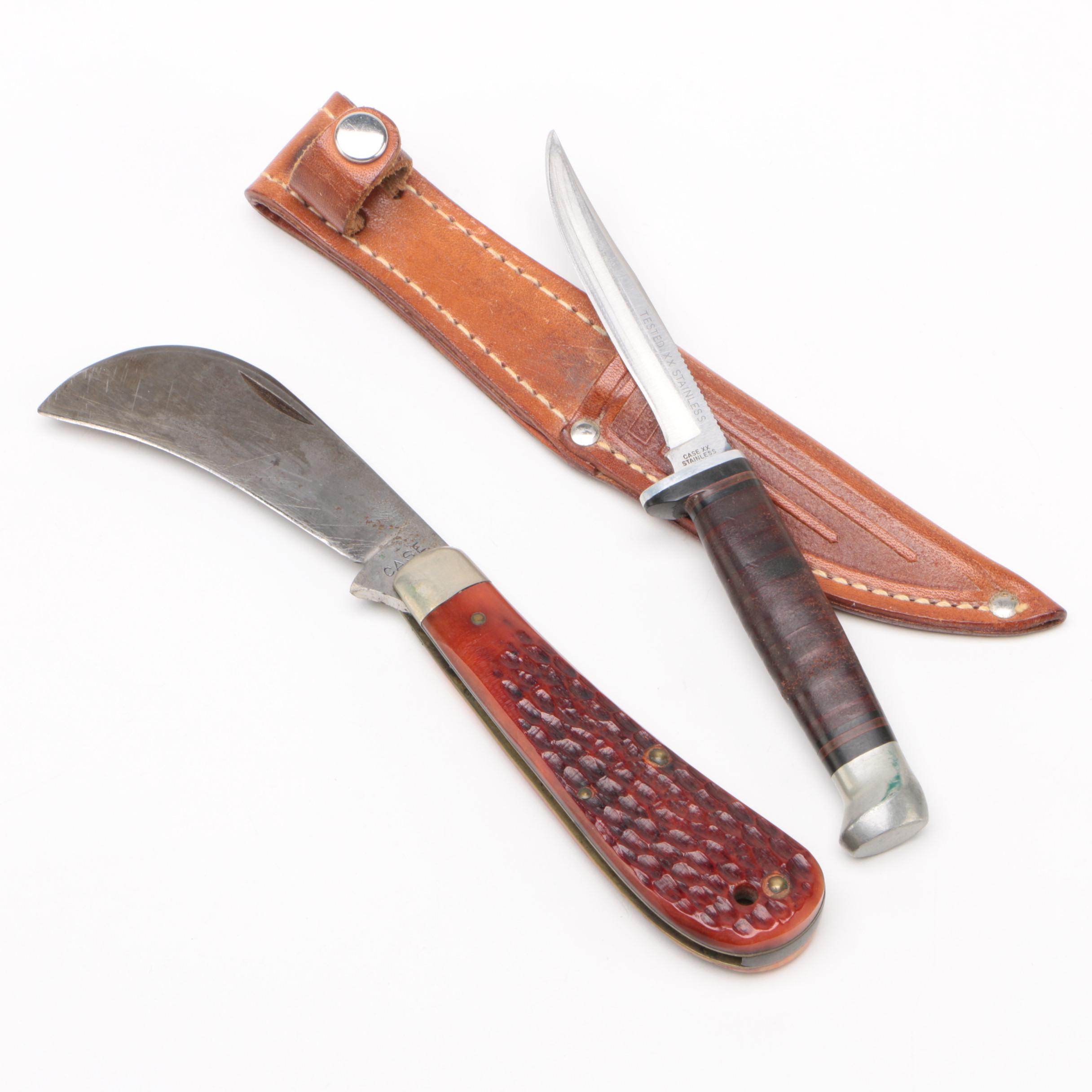 Case XX Red Bone Hawkbill Pruner's Knife and Razor Edge Knife, 1960s
