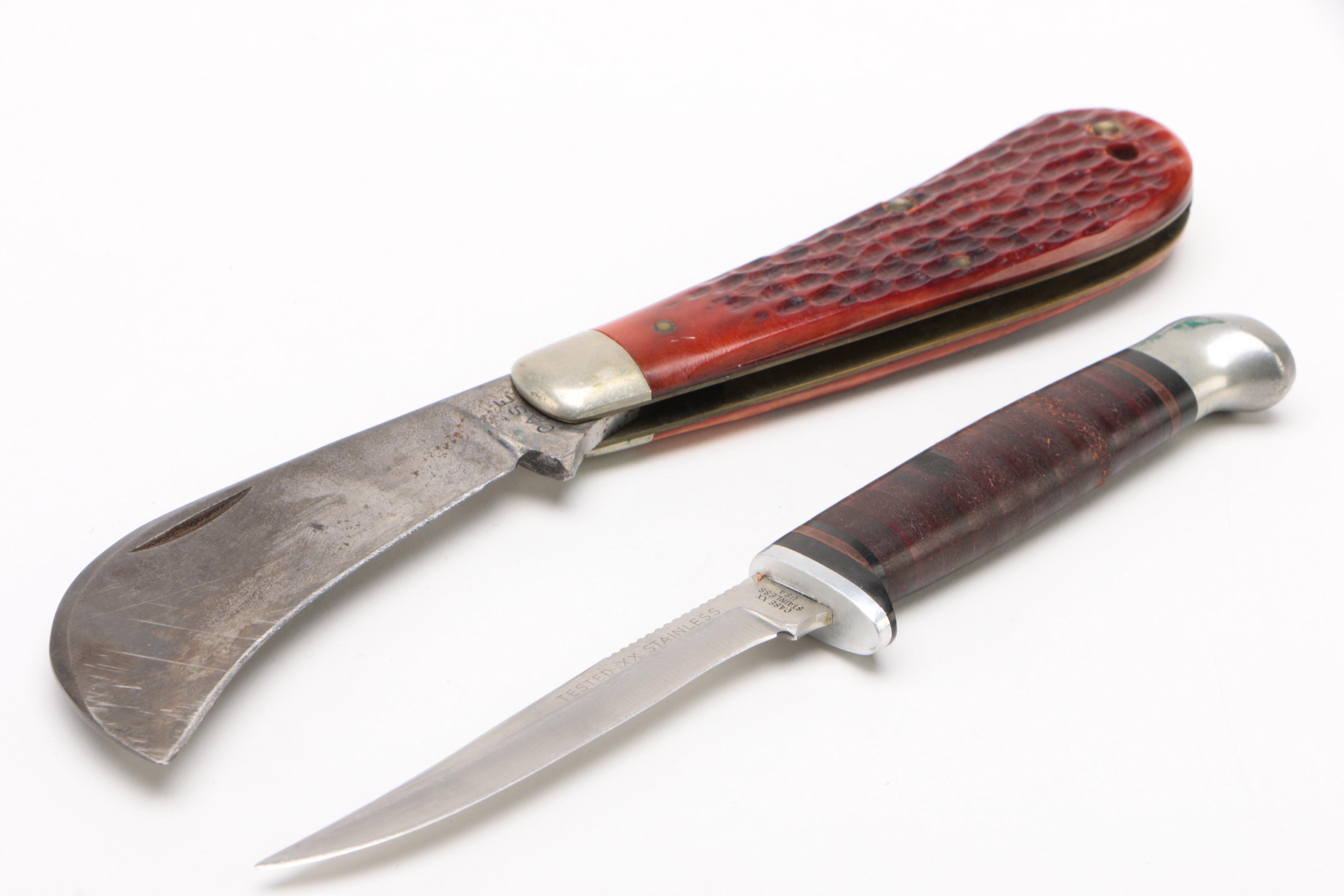 Case XX Red Bone Hawkbill Pruner's Knife and Razor Edge Knife, 1960s