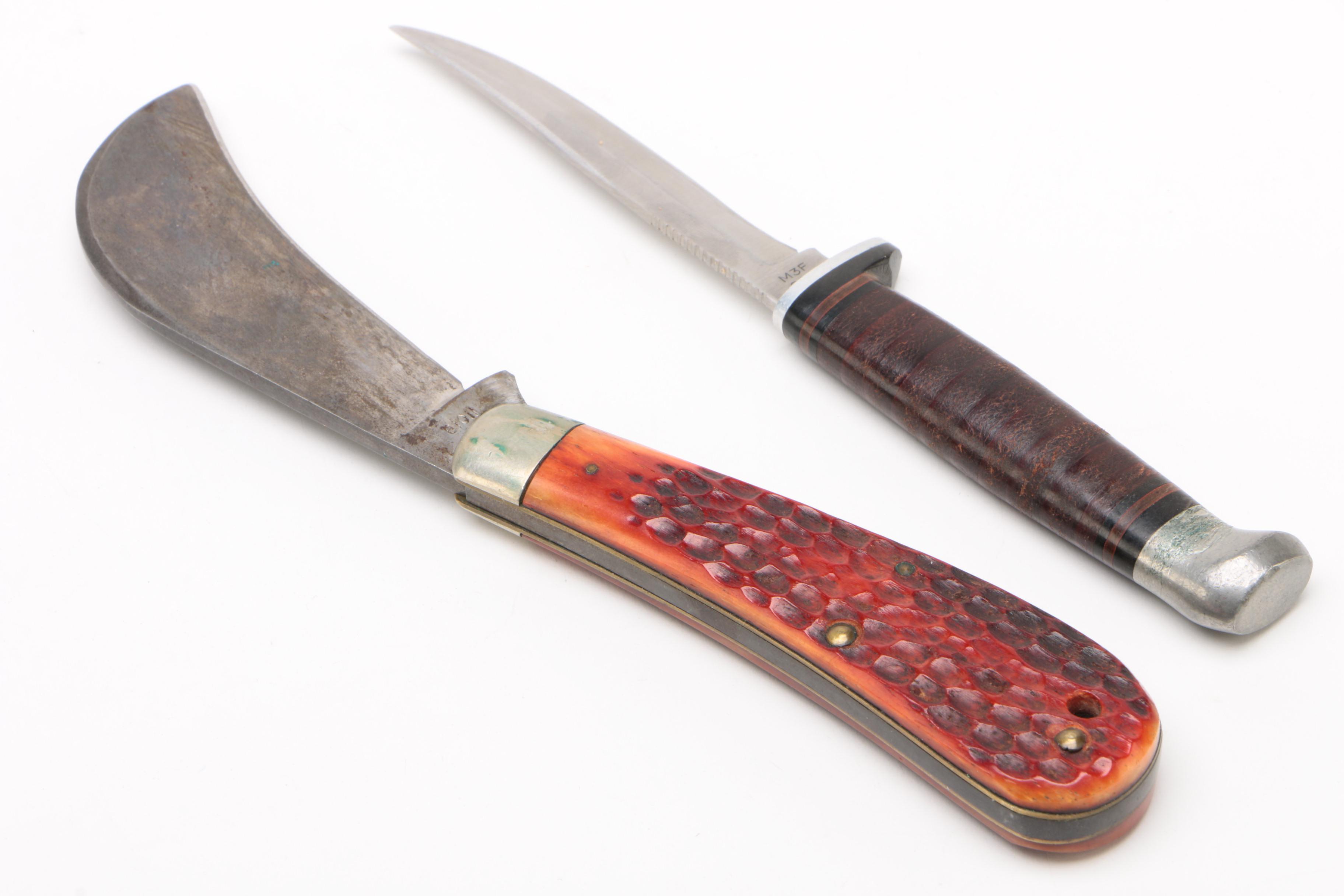 Case XX Red Bone Hawkbill Pruner's Knife and Razor Edge Knife, 1960s