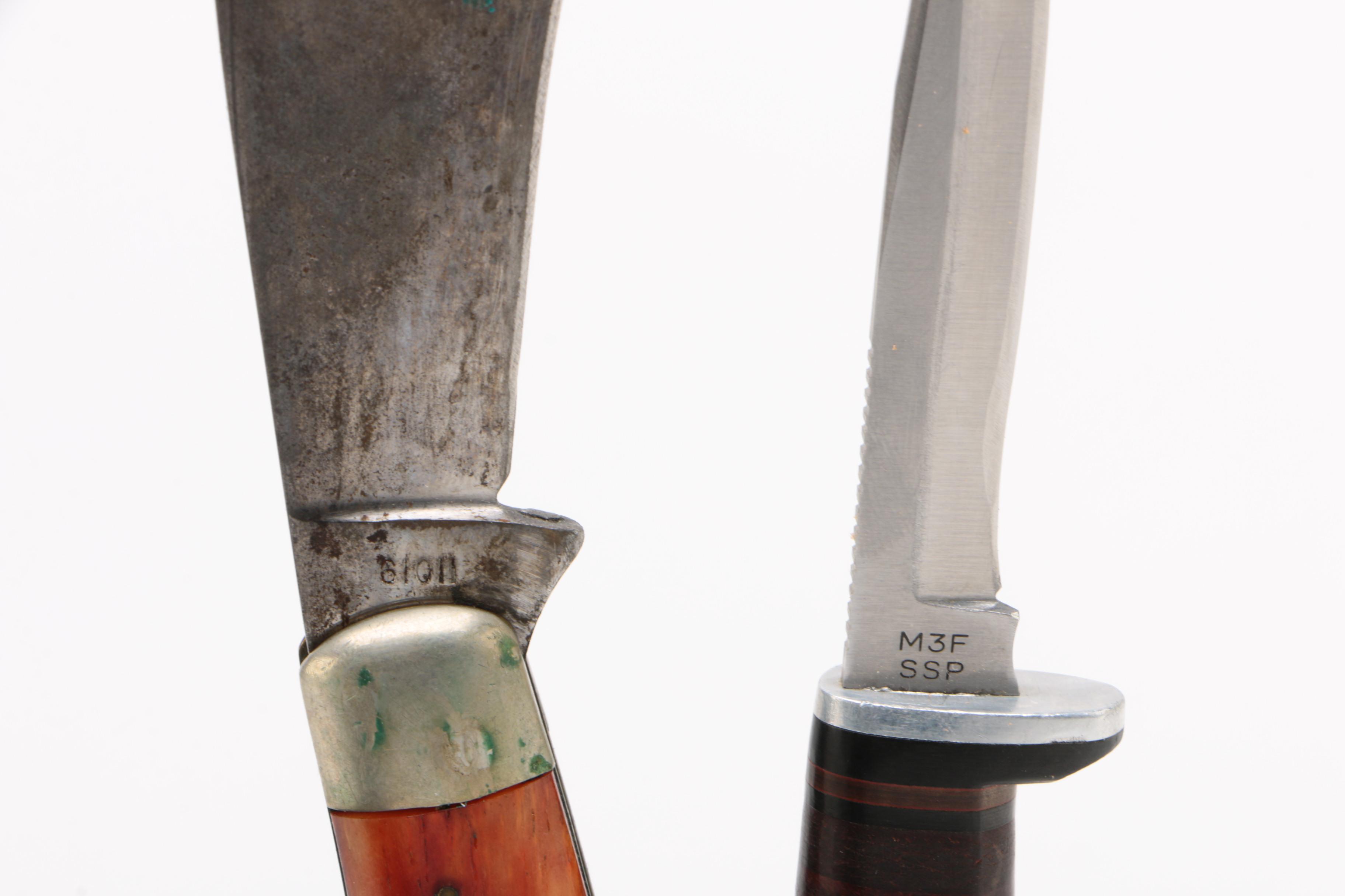 Case XX Red Bone Hawkbill Pruner's Knife and Razor Edge Knife, 1960s