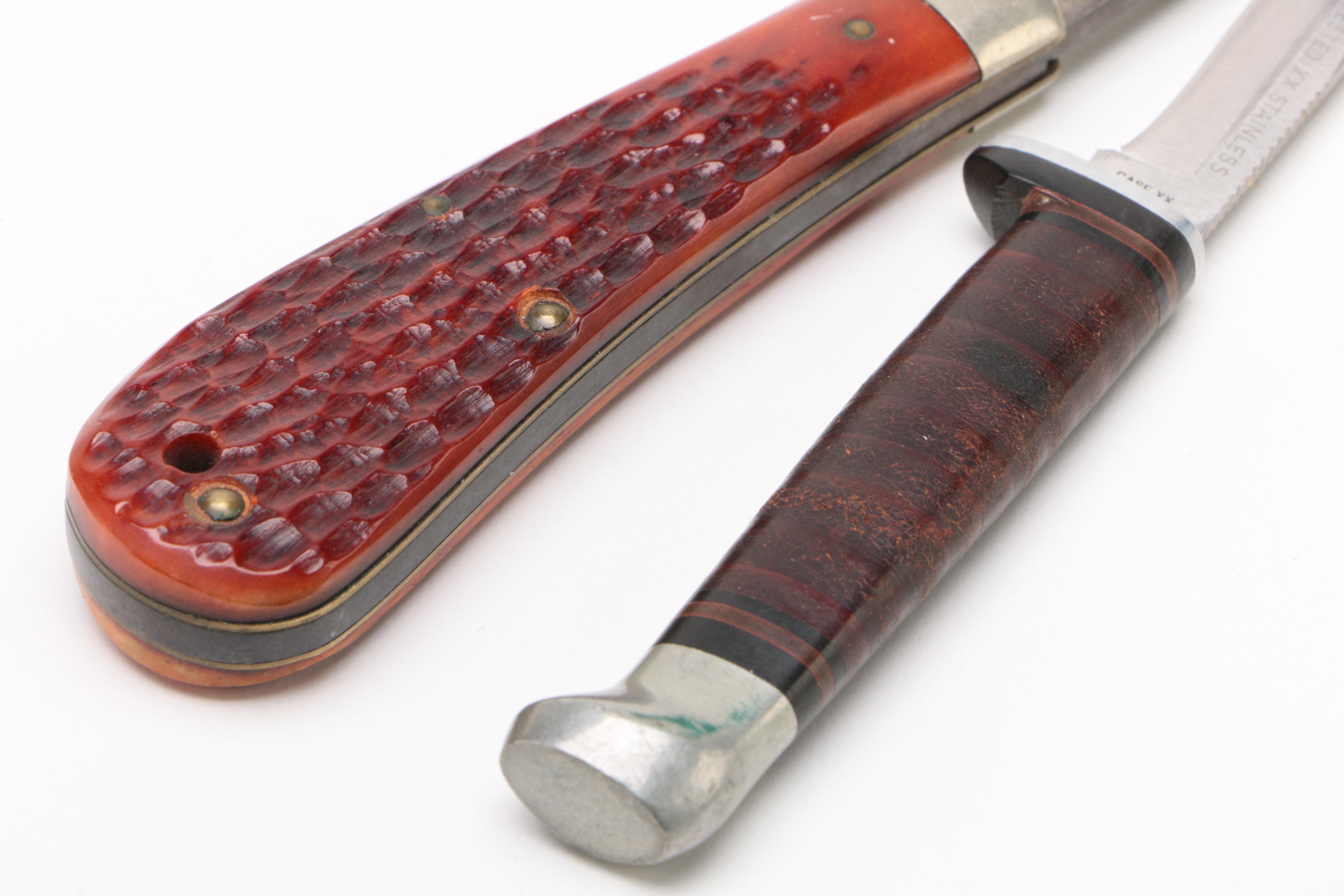 Case XX Red Bone Hawkbill Pruner's Knife and Razor Edge Knife, 1960s