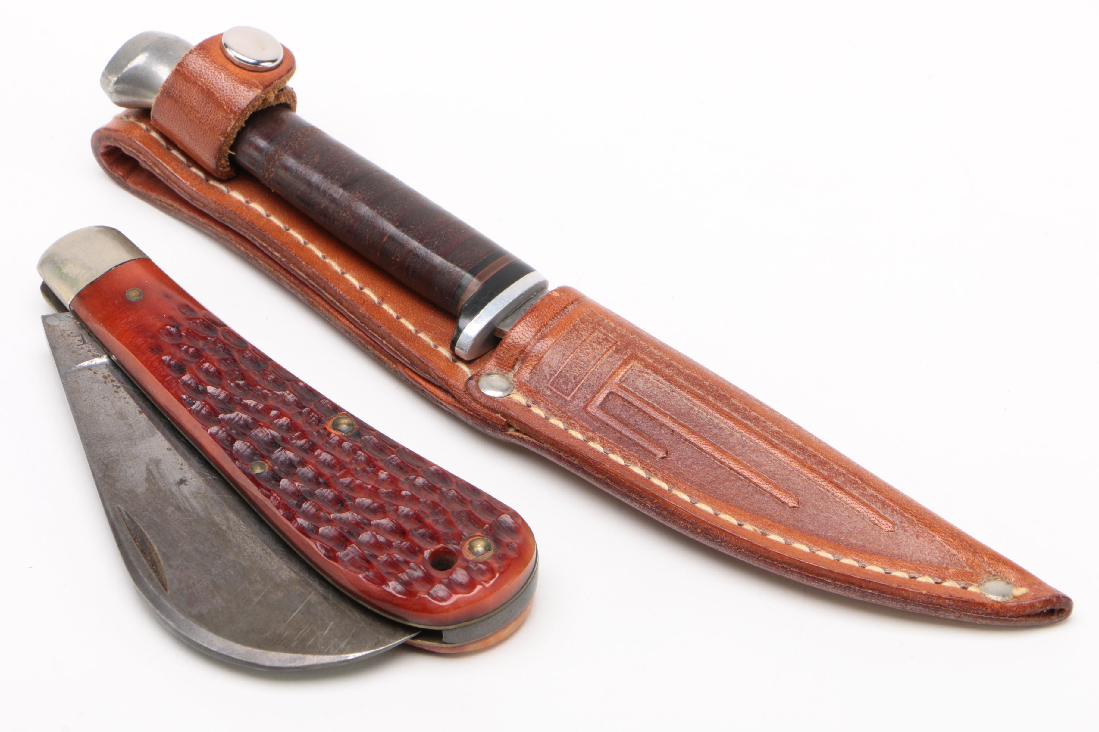 Case XX Red Bone Hawkbill Pruner's Knife and Razor Edge Knife, 1960s