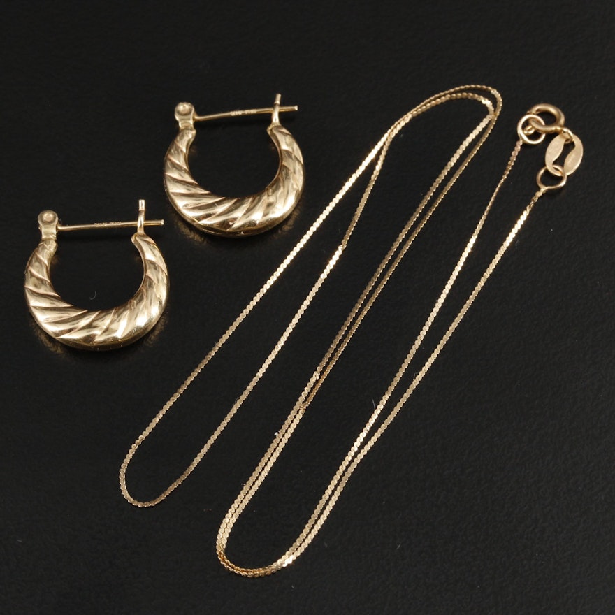 14K Yellow Gold Fluted Hoop Earrings with Serpentine Link Chain Necklace