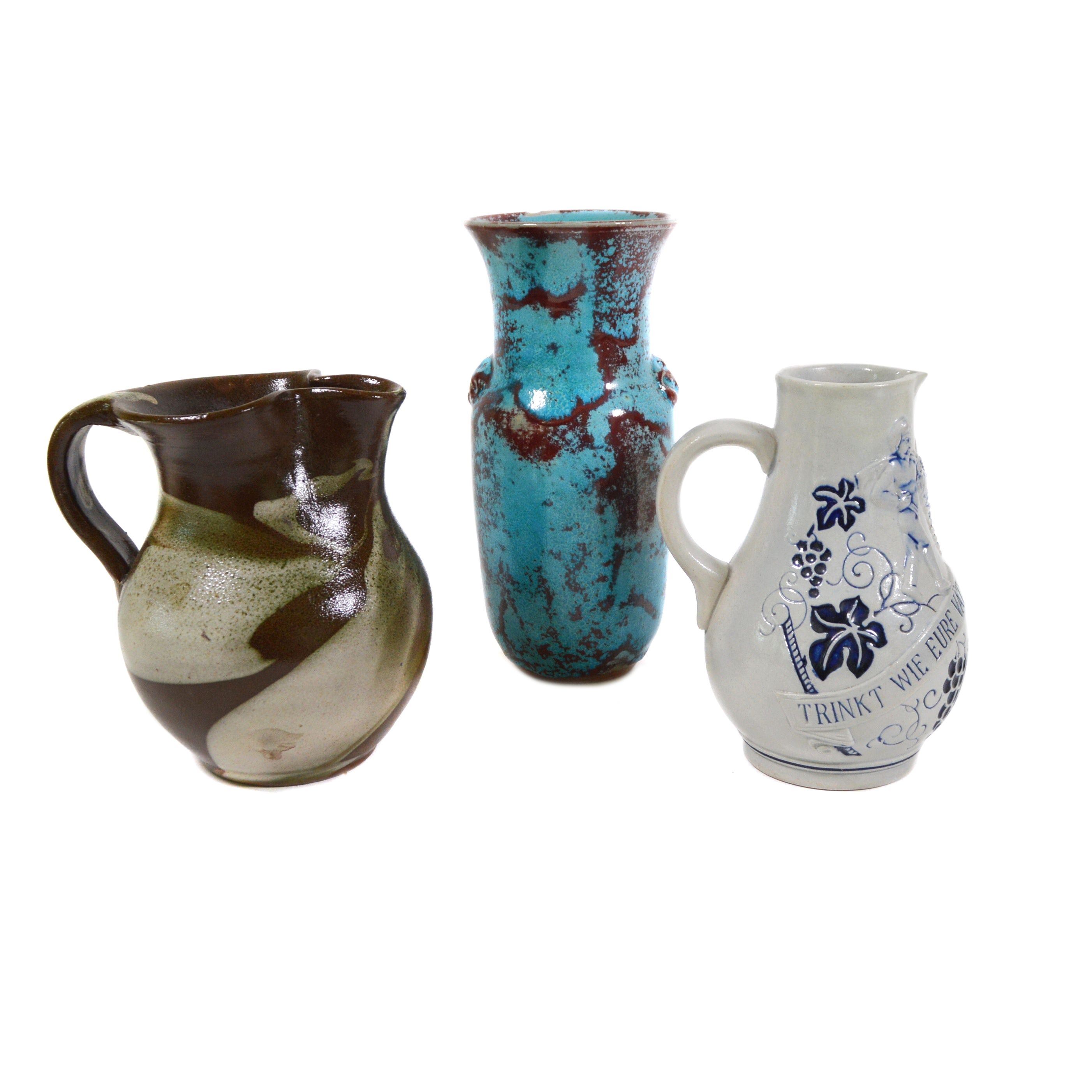 Jugtown Ware Pottery Vase with Wick-Werke and Other Pottery Pitchers