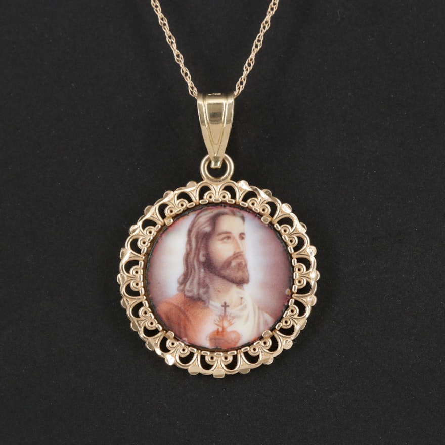 14K Gold Reversible Porcelain Pendant Necklace Featuring Mother Mary and Jesus