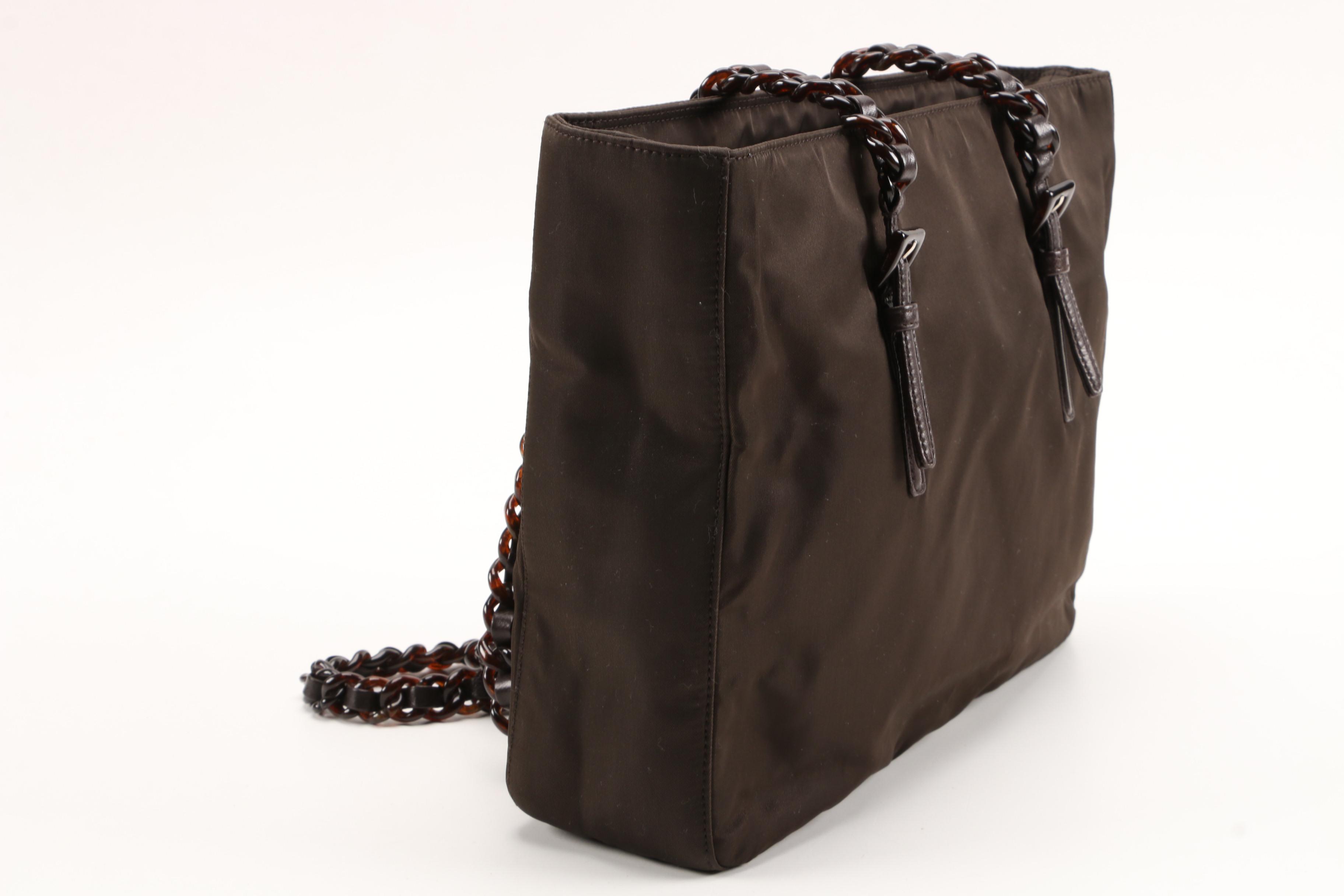 Prada Tessuto Bacheli Ebano Tote with Interwoven Tortoise Acrylic Straps