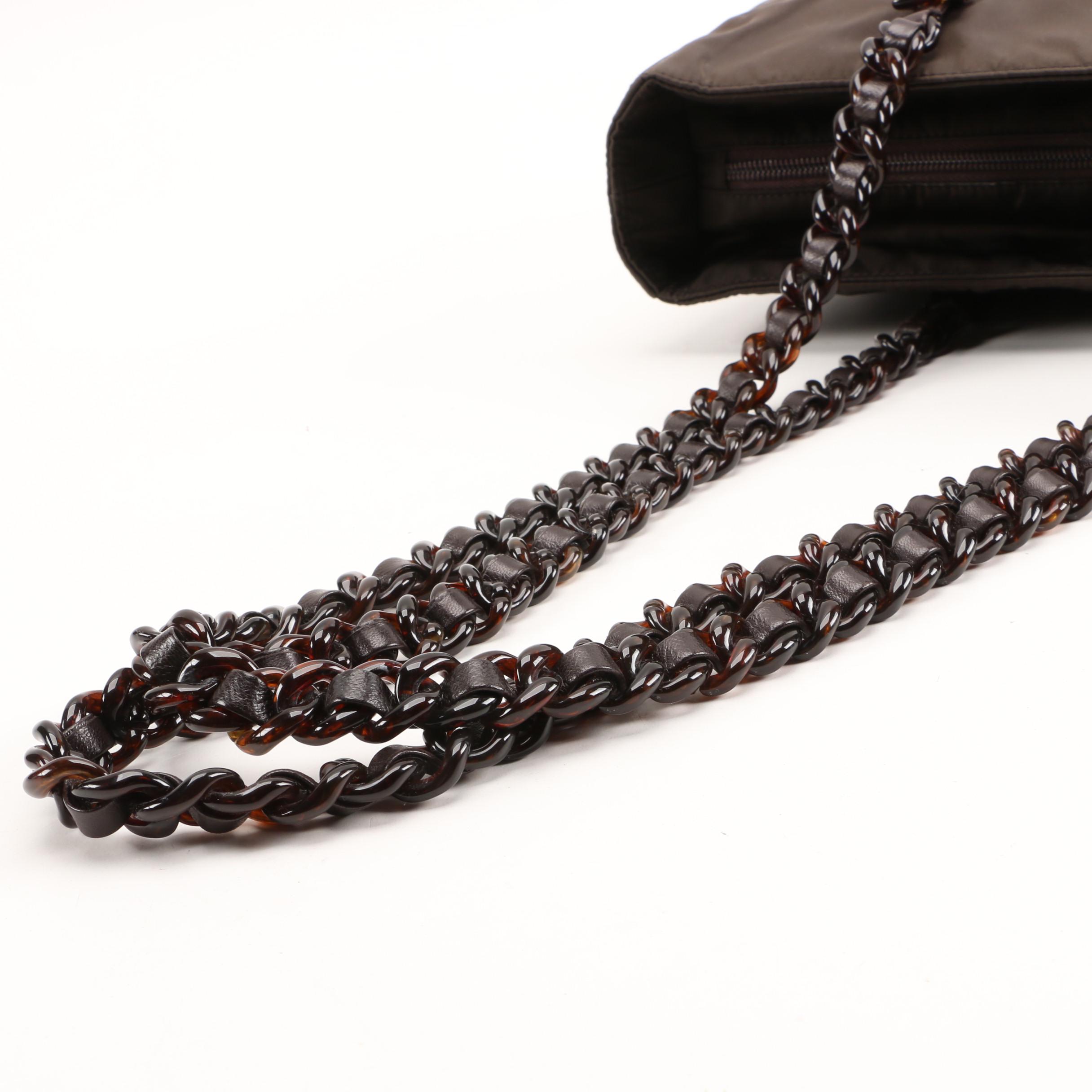 Prada Tessuto Bacheli Ebano Tote with Interwoven Tortoise Acrylic Straps