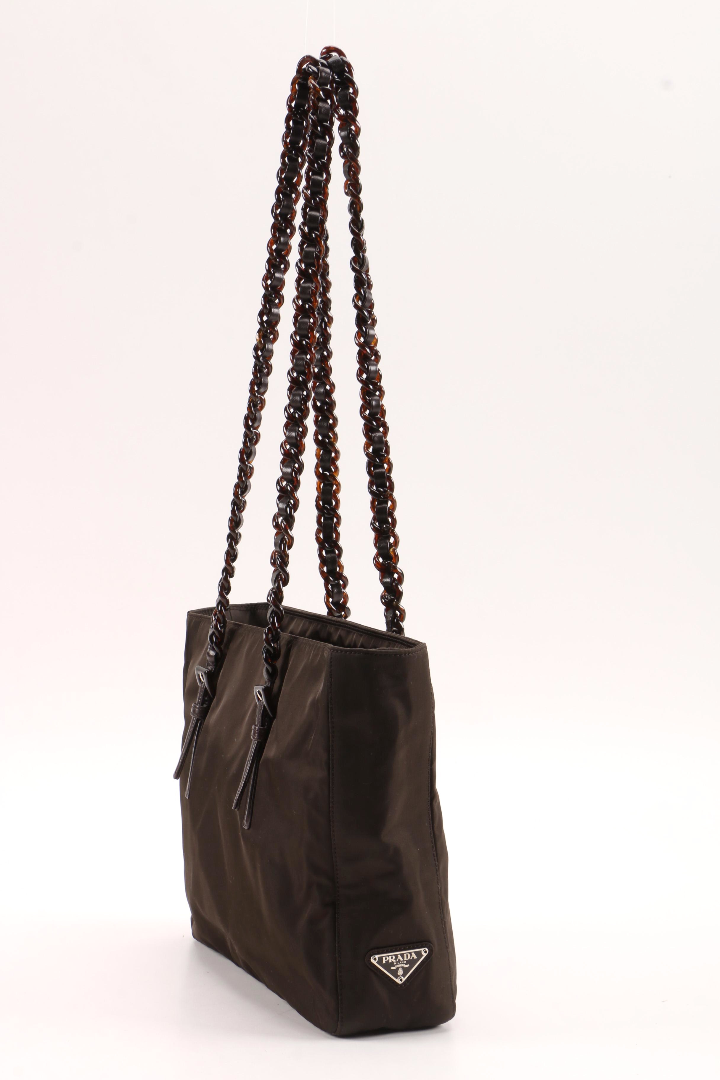 Prada Tessuto Bacheli Ebano Tote with Interwoven Tortoise Acrylic Straps