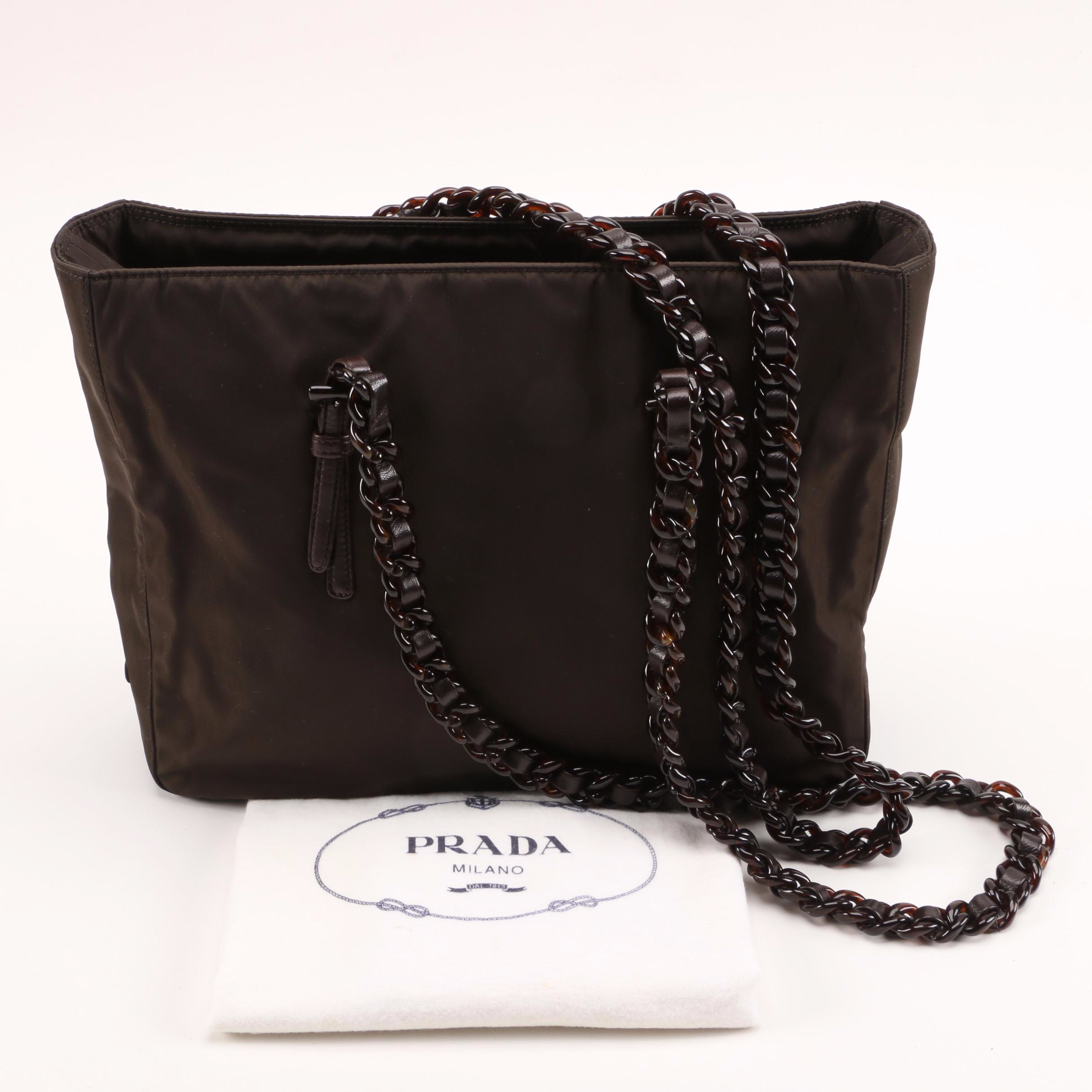 Prada Tessuto Bacheli Ebano Tote with Interwoven Tortoise Acrylic Straps