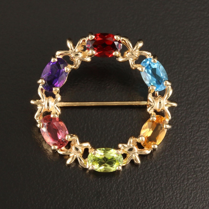 14K Yellow Gold Multi-Gemstone Brooch Including Pink Tourmaline