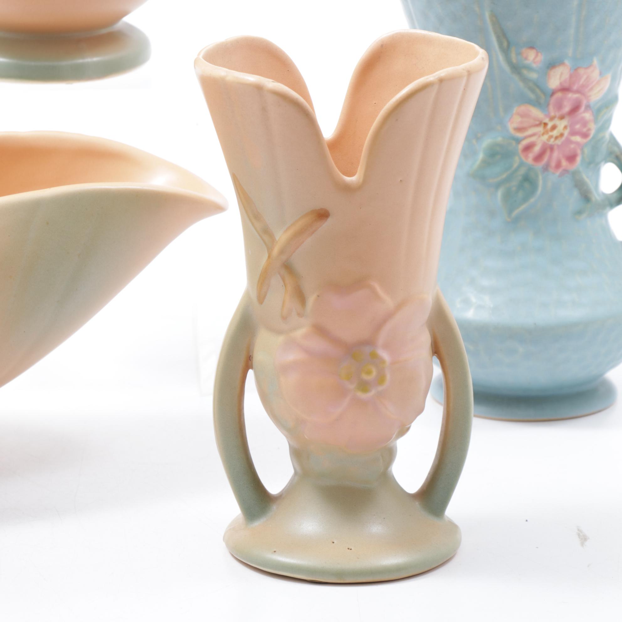 Weller Pottery Dogwood Bowl, Vase and Two Handle Vase with Green Vase