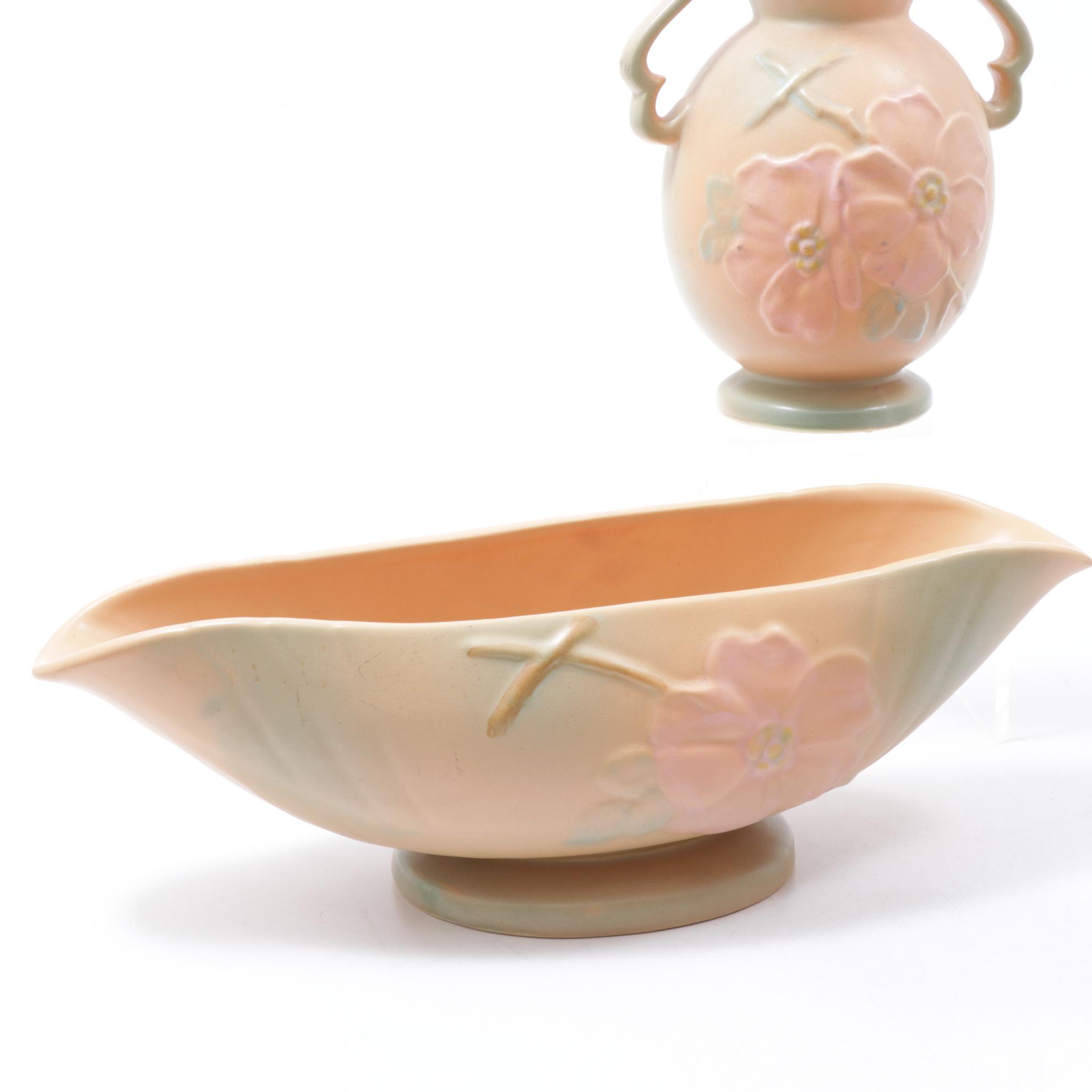 Weller Pottery Dogwood Bowl, Vase and Two Handle Vase with Green Vase