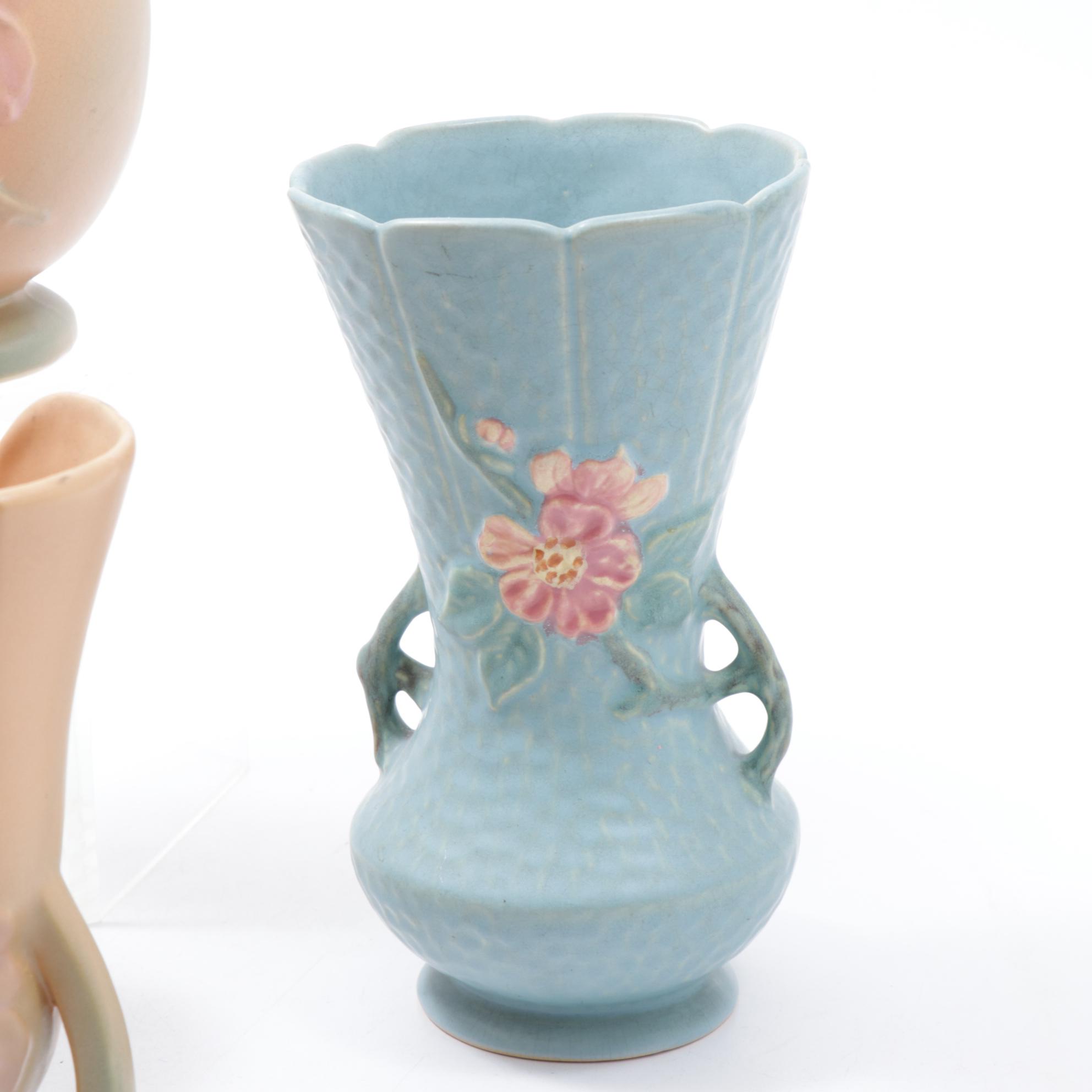 Weller Pottery Dogwood Bowl, Vase and Two Handle Vase with Green Vase