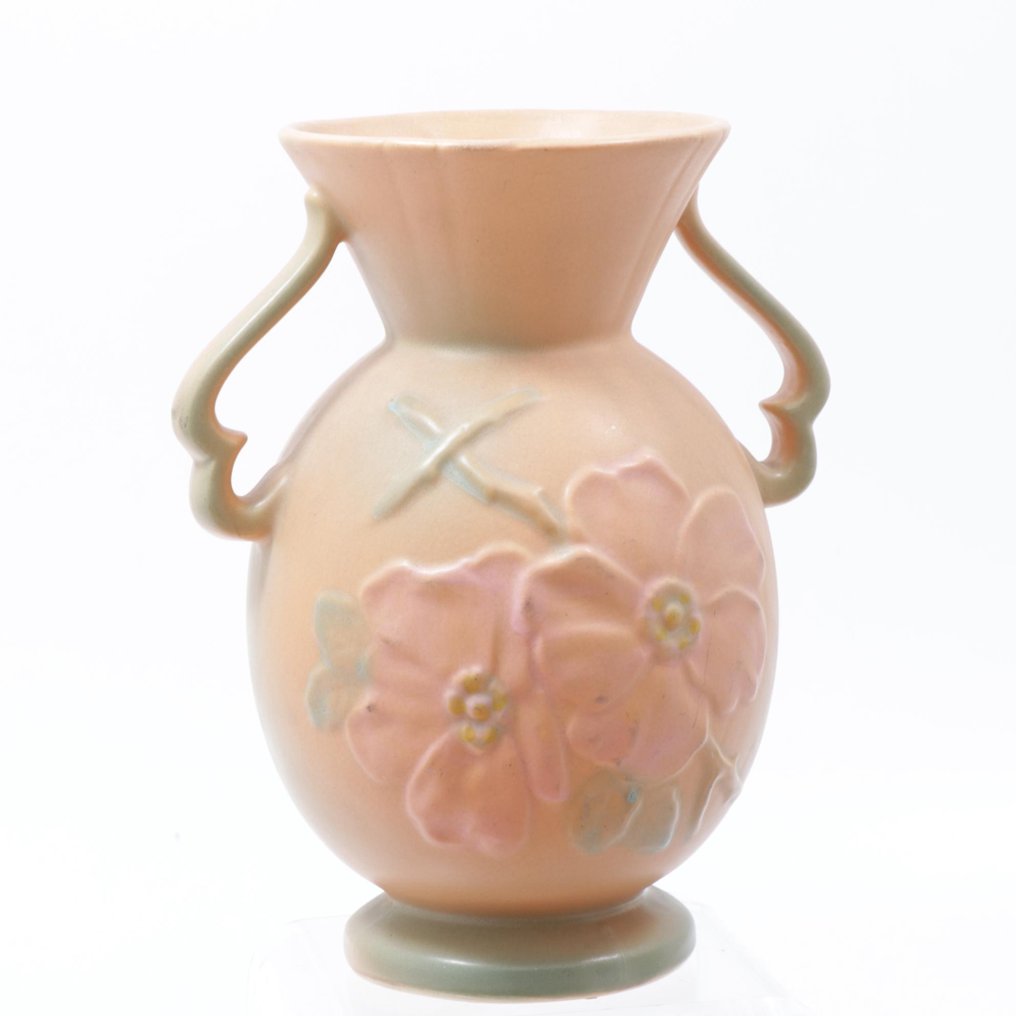 Weller Pottery Dogwood Bowl, Vase and Two Handle Vase with Green Vase