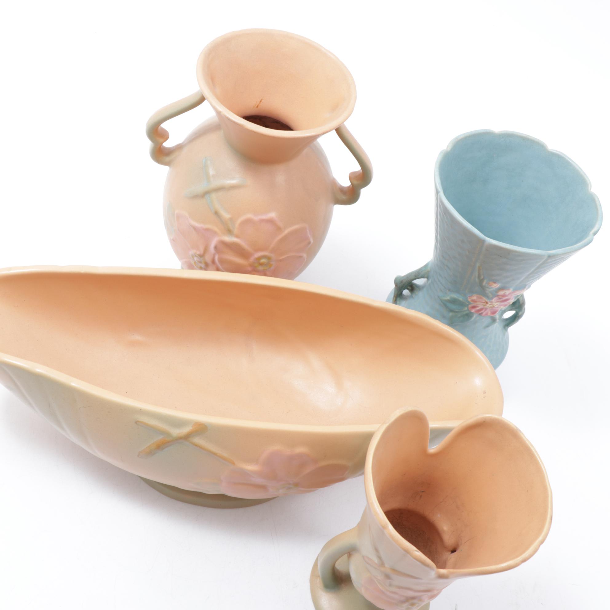 Weller Pottery Dogwood Bowl, Vase and Two Handle Vase with Green Vase