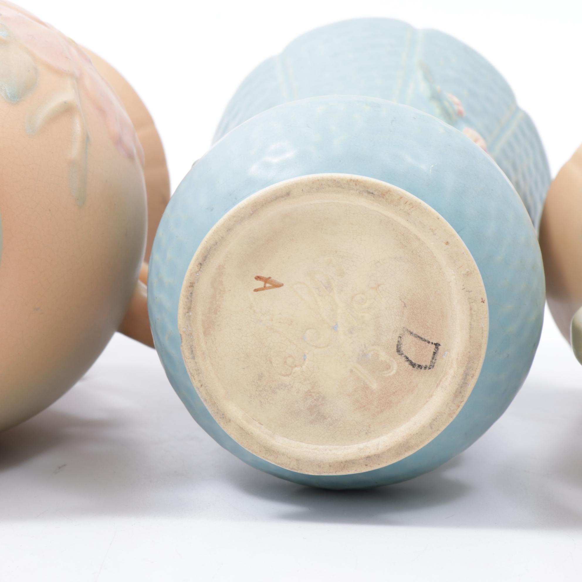 Weller Pottery Dogwood Bowl, Vase and Two Handle Vase with Green Vase