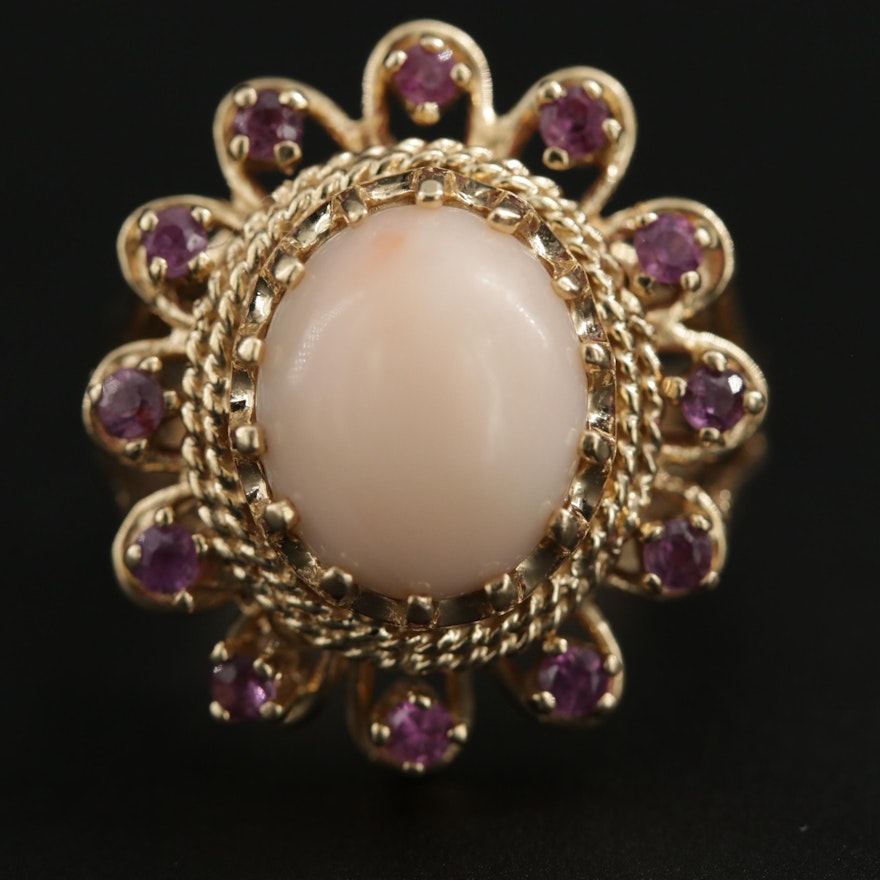 14K Yellow Gold Coral and Ruby Ring