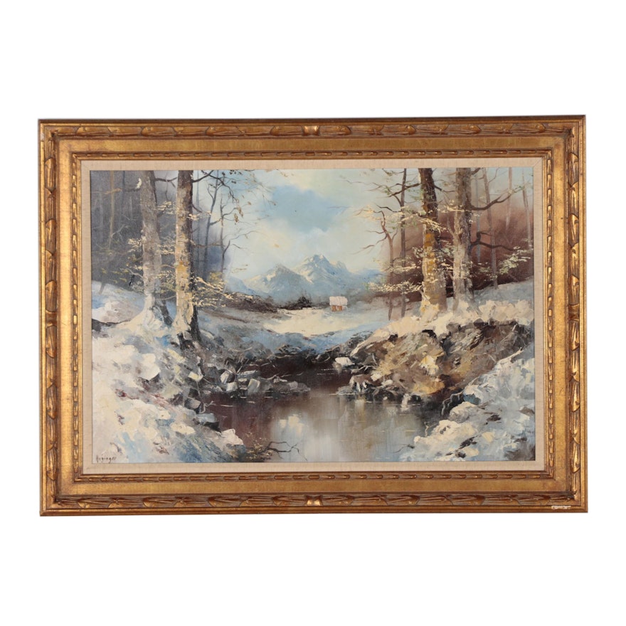 H. Hezinger Landscape Oil Painting of Winter Scene