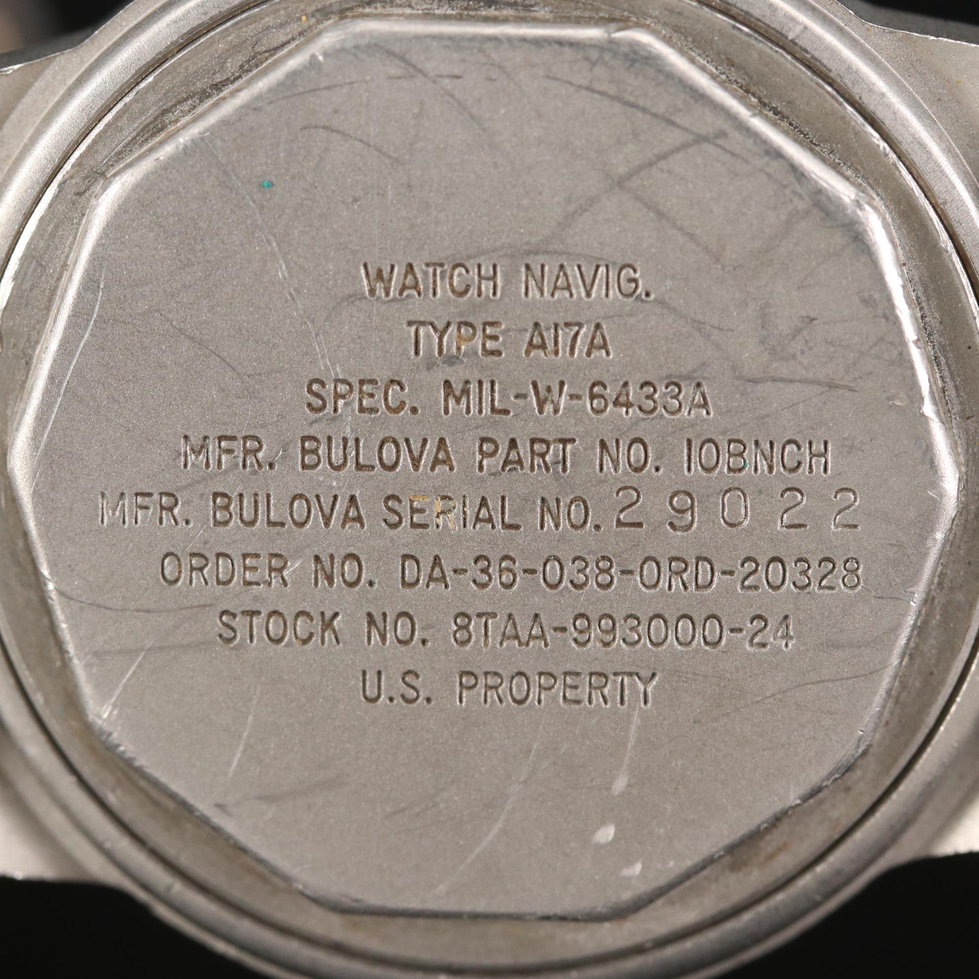 Bulova Military Navigation Type A17A Stainless Steel Stem Wind Watch, 1958