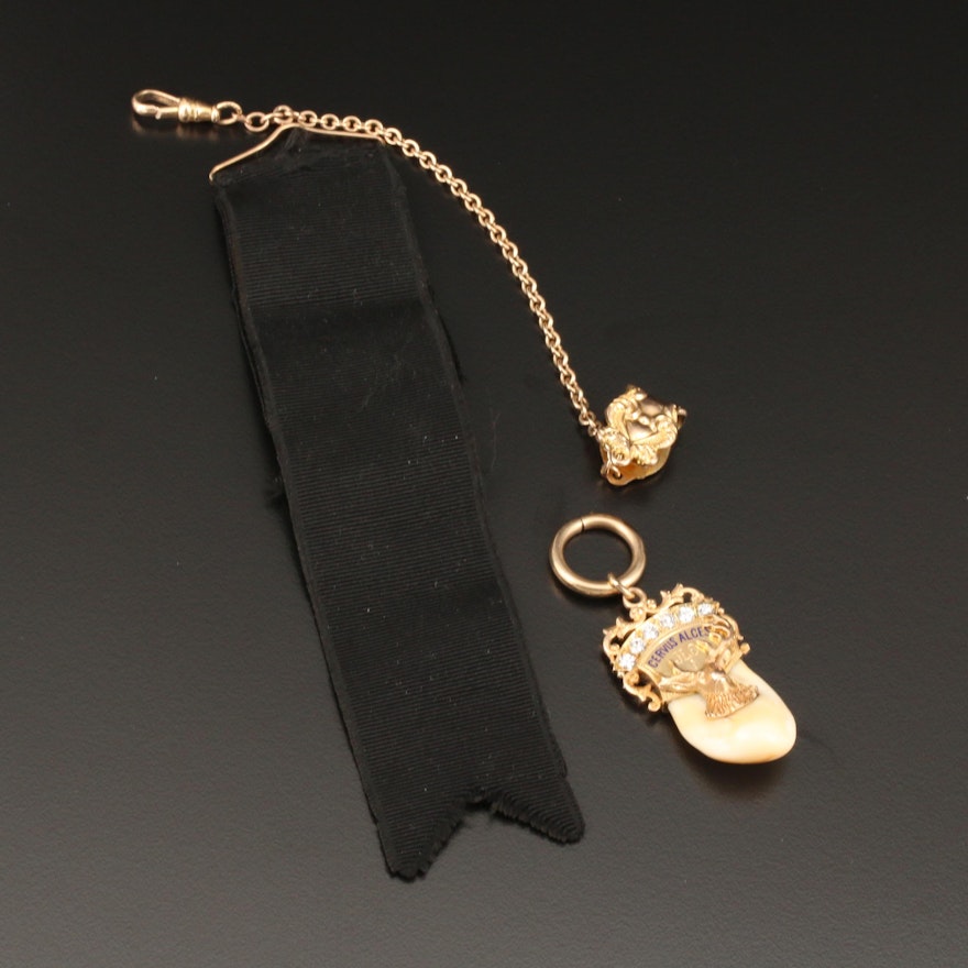 Vintage 10K and 14K Yellow Gold Diamond, Elk Tooth and Enamel Watch Fob