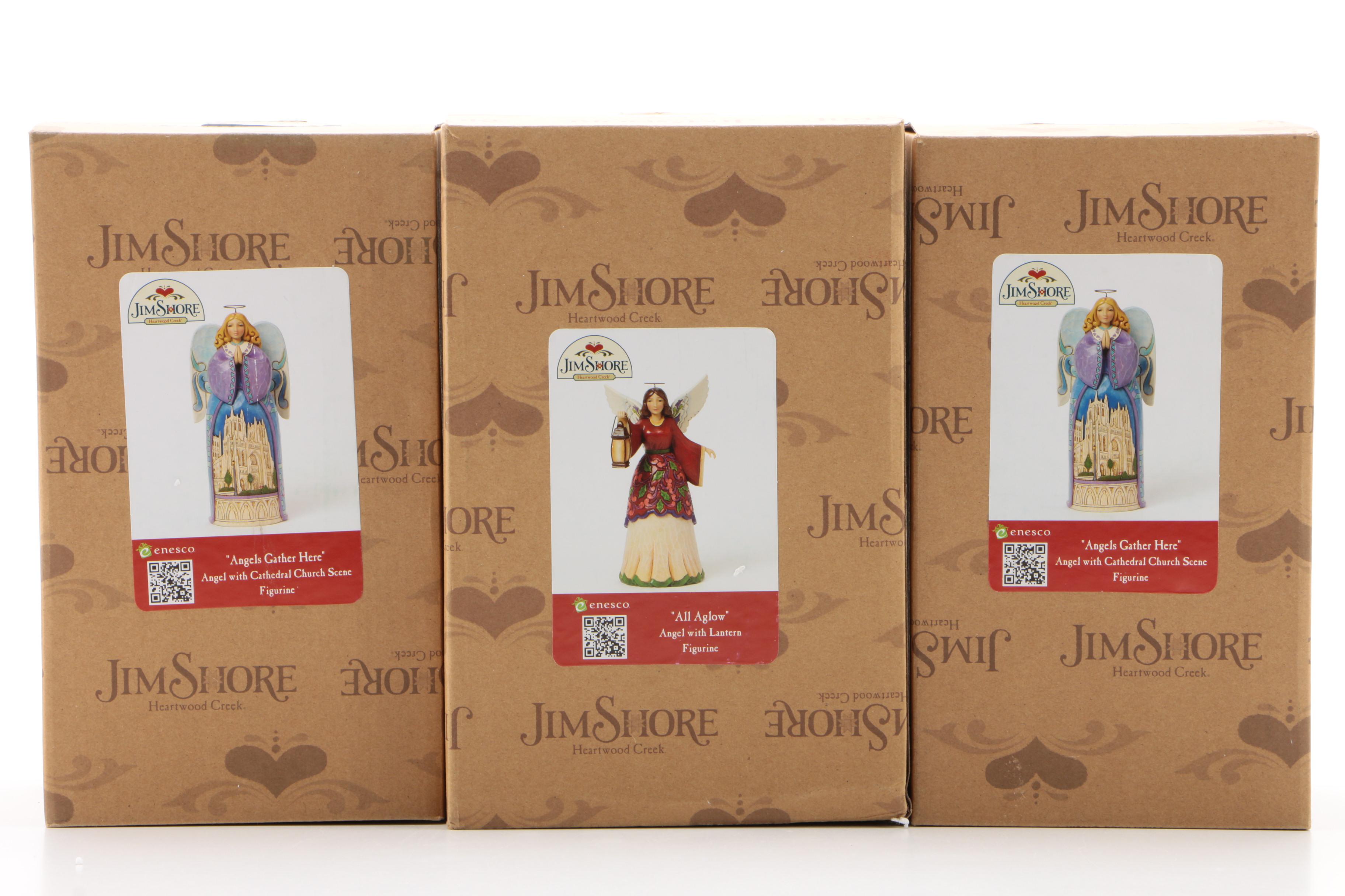 Jim Shore Heartwood Creek Angel Figurines, "Angels Gather Here" and "All Aglow"