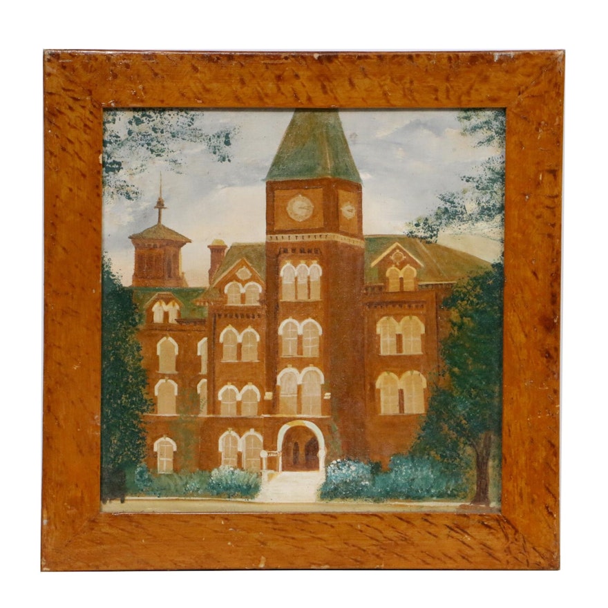 Folk Art Oil Painting "University Hall", early 20th century