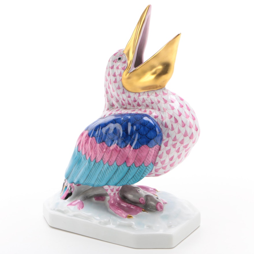 Herend Raspberry Fishnet with Gold "Pelican" Porcelain Figurine, July 1994