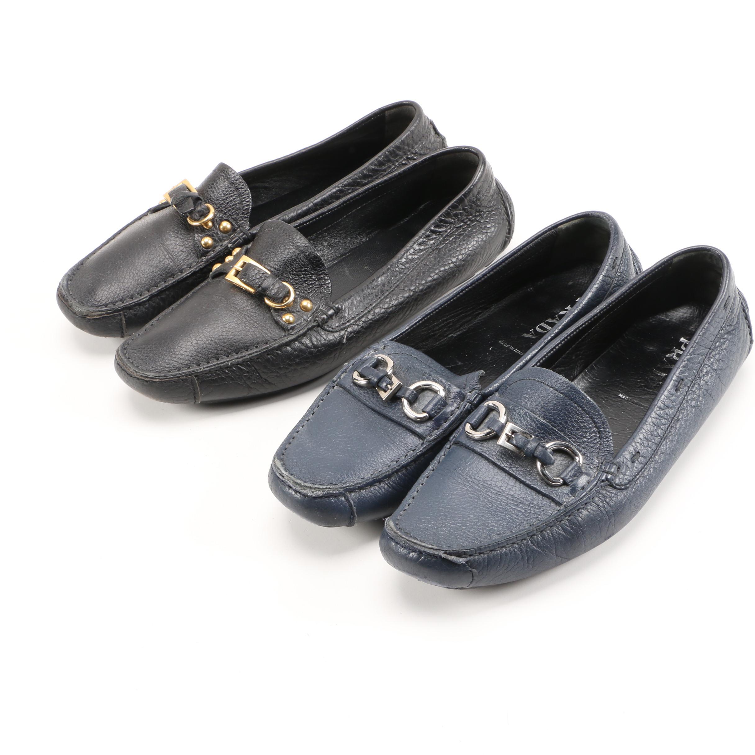 Prada Driving Loafers in Black and Navy Textured Daino Leather