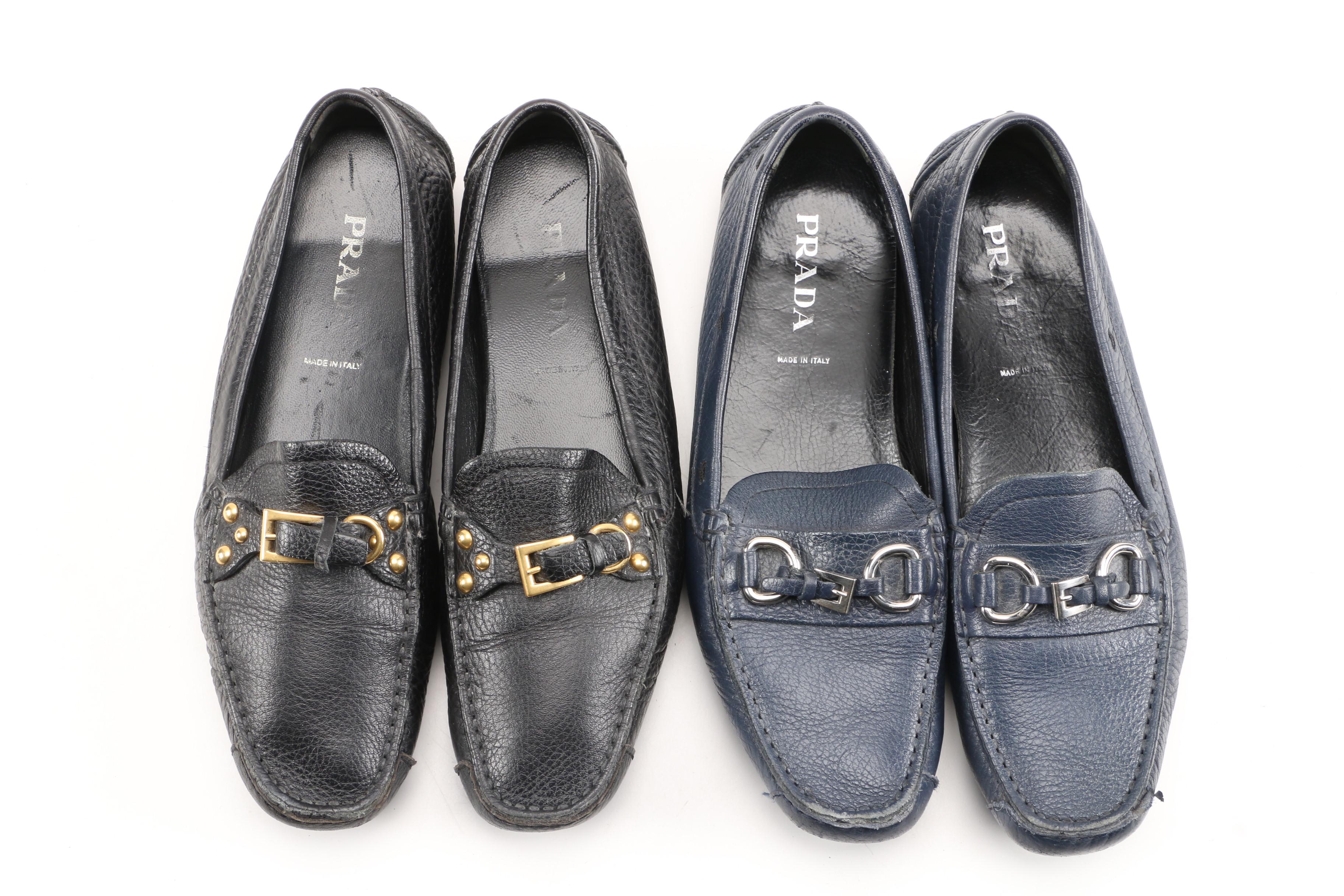 Prada Driving Loafers in Black and Navy Textured Daino Leather