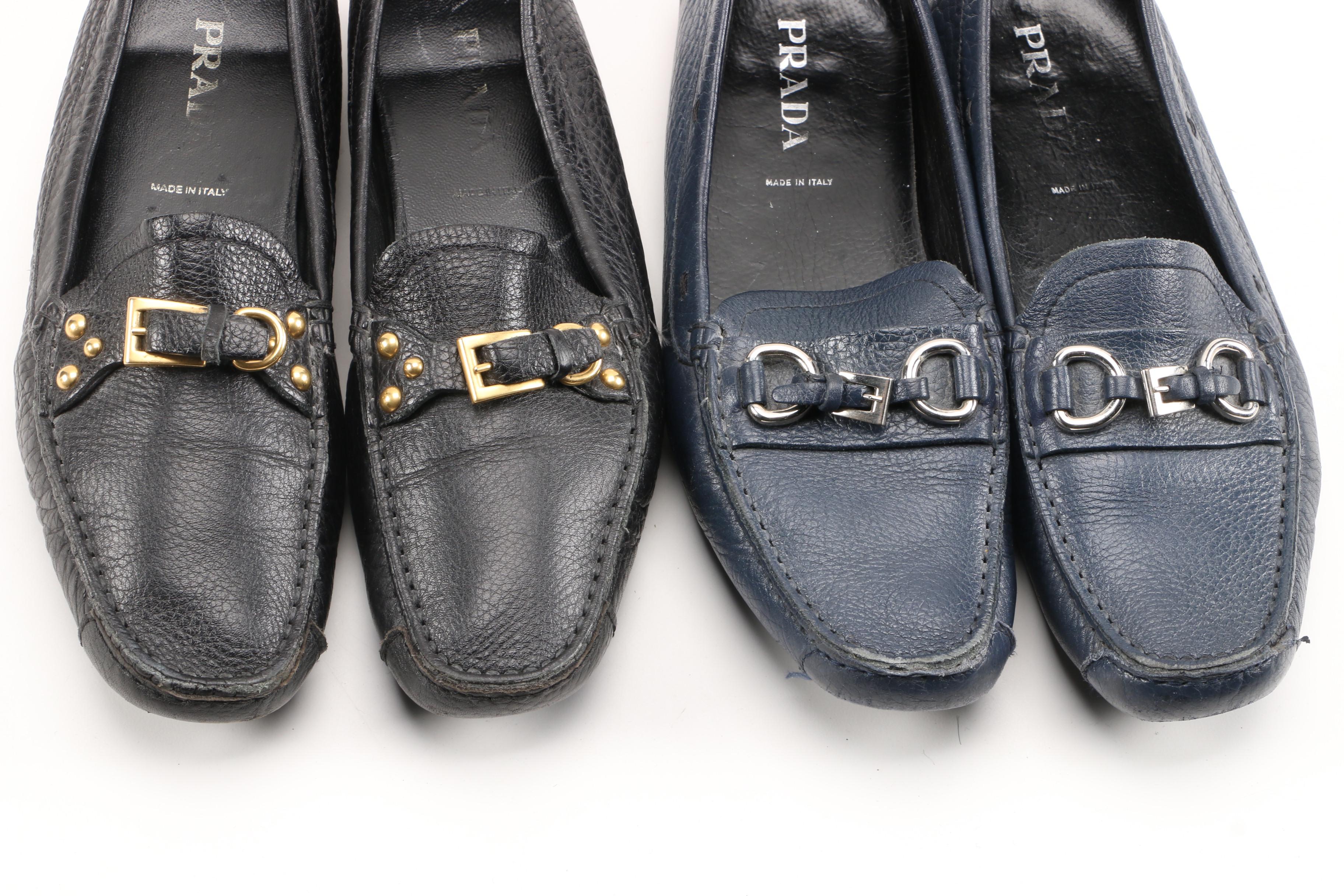 Prada Driving Loafers in Black and Navy Textured Daino Leather