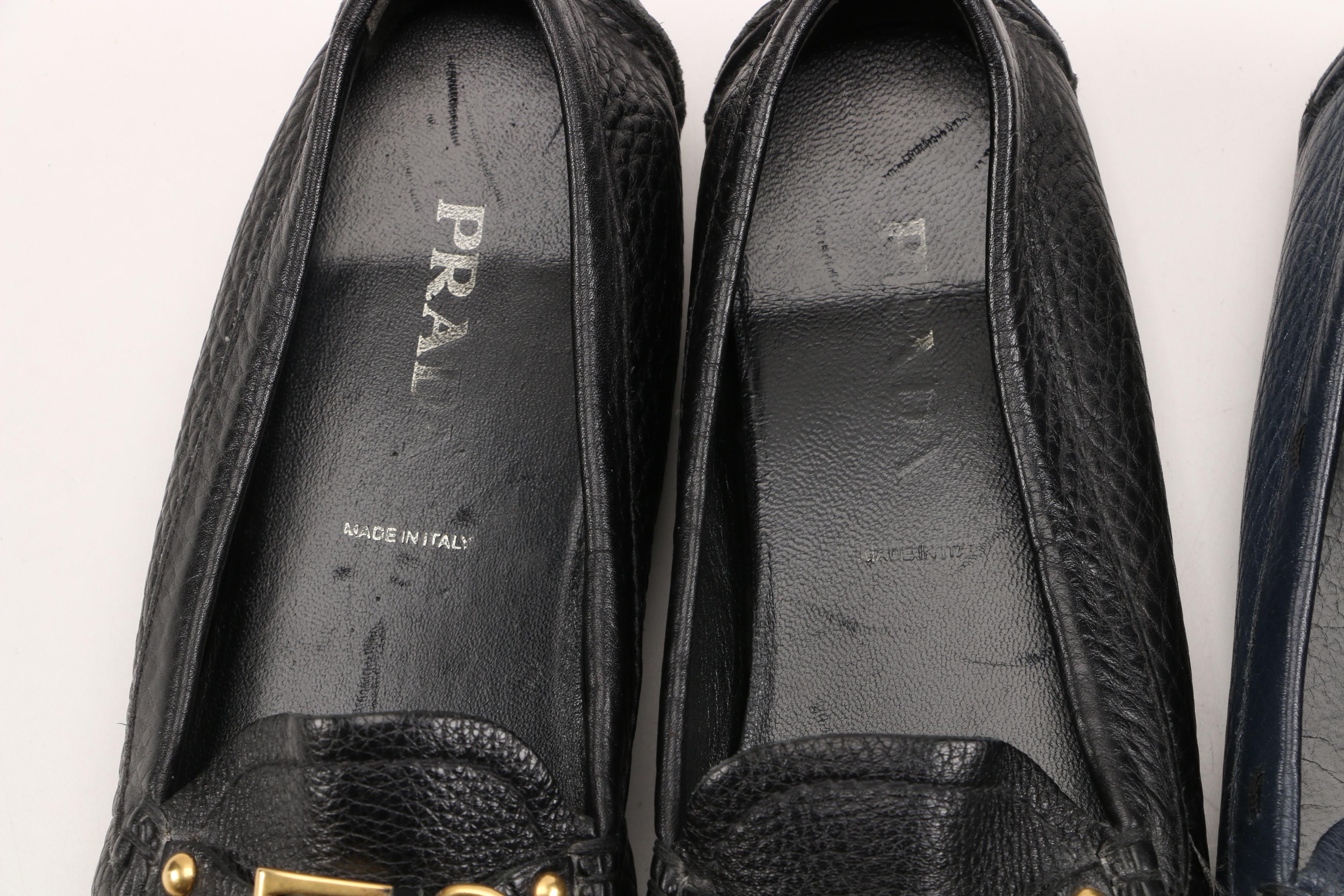 Prada Driving Loafers in Black and Navy Textured Daino Leather