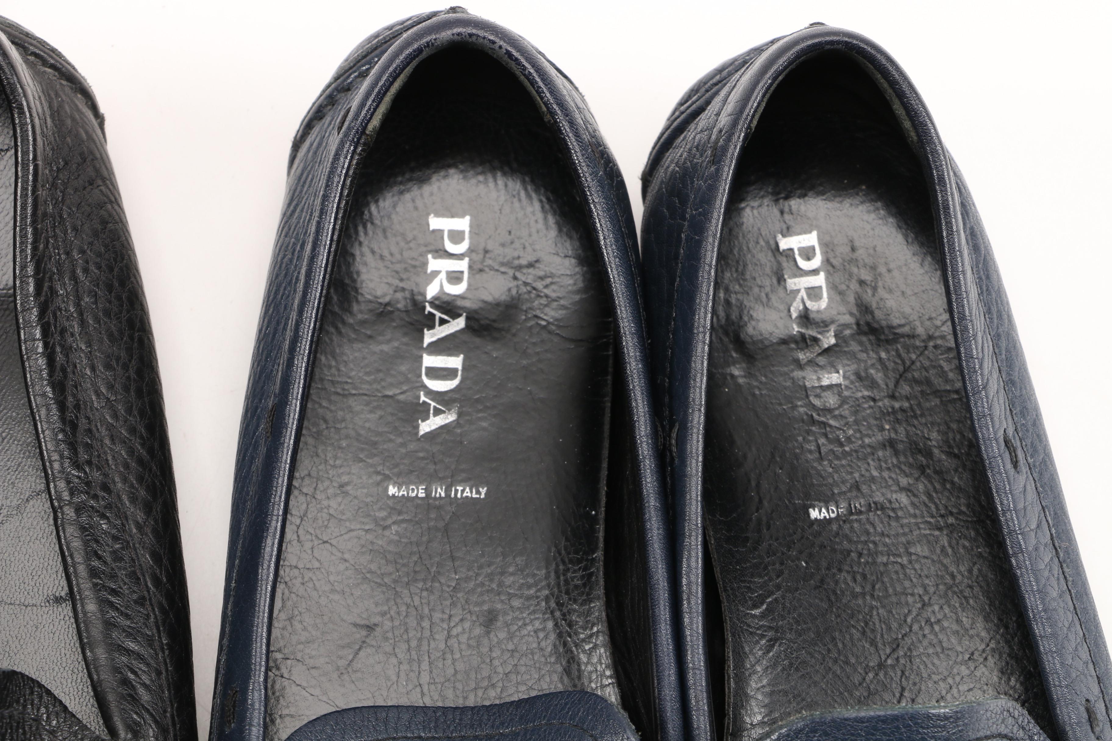 Prada Driving Loafers in Black and Navy Textured Daino Leather